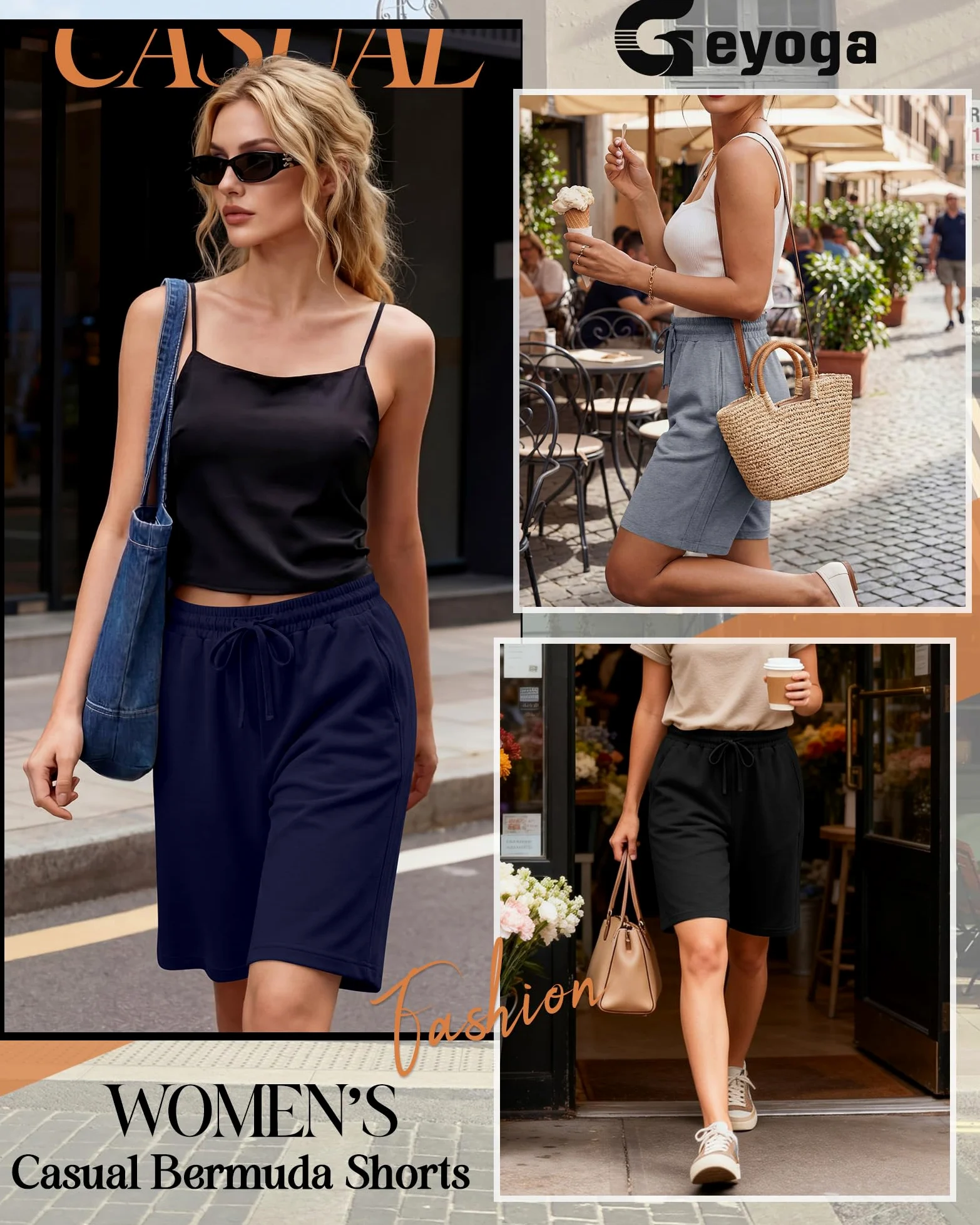 Geyoga Lot de 4 Bermudas pour Femmes, Taille Élastique avec Cordon de Serrage, Jambes Larges et Jambes Longues.