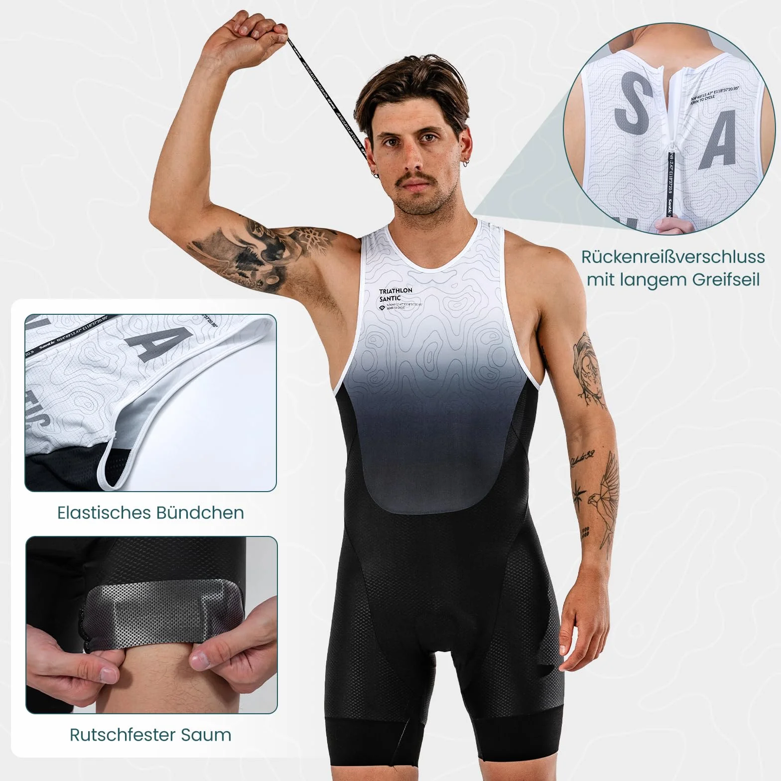 Santic Combinaison de triathlon pour homme - Une pièce - Sans manches - Rembourrée - Manches courtes - Trisuit - Triathlon - Haute élasticité - Séchage rapide