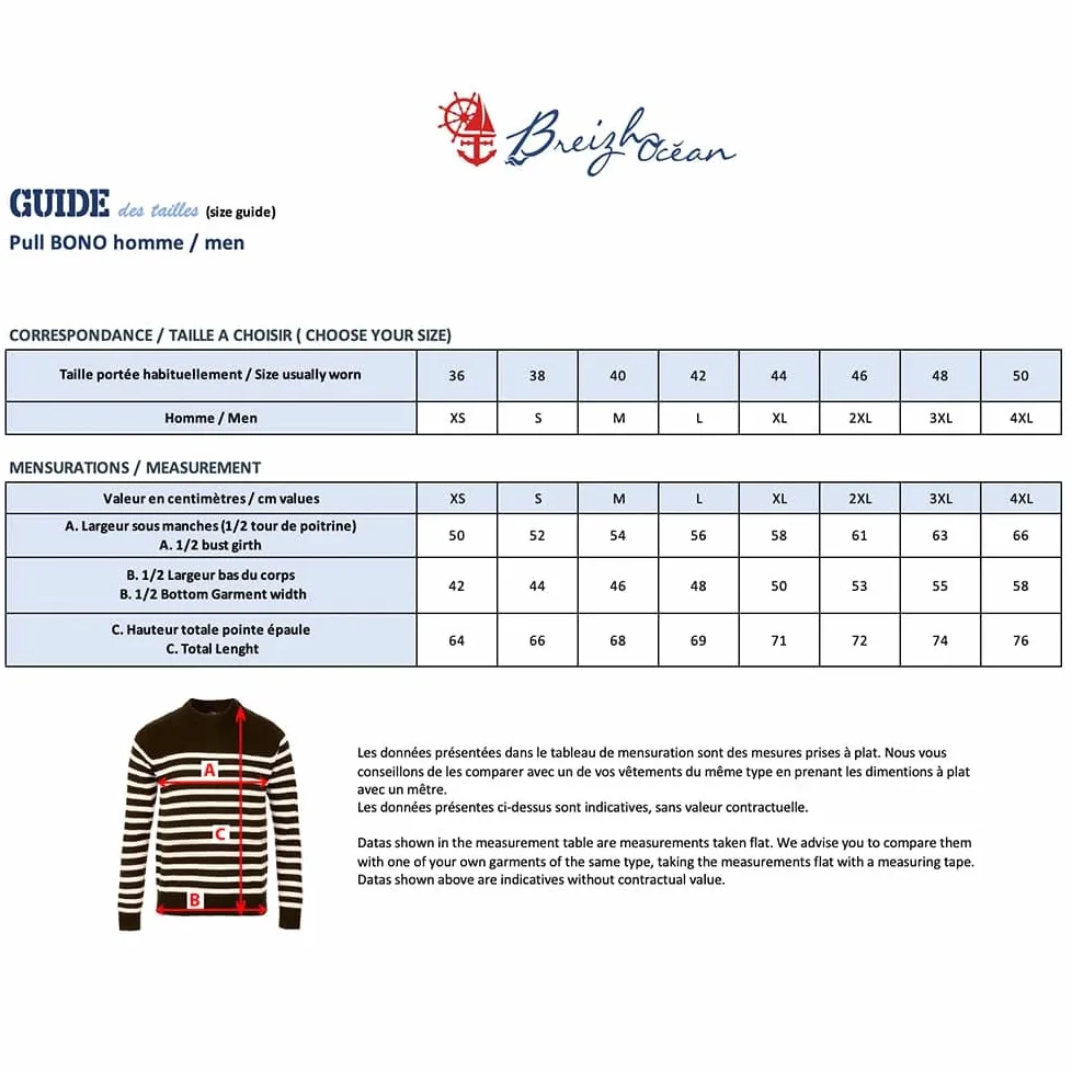 Breizh Ocean - Pull Marin Homme Rayé ou Uni - du XS au 4XL - Création Française Bono - Pull Homme Hiver - Vêtement Marin pour Homme