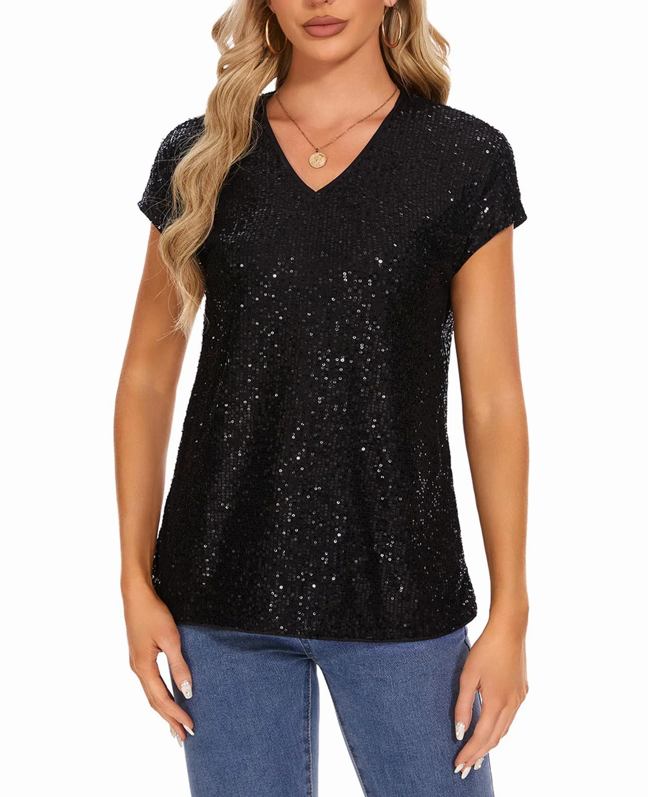 MINTLIMIT Haut pour femme à paillettes et à glissière, manches courtes, col en V, T-shirt, blouse, manches à capuchon, décontracté, fête, festival, club, b-noir, S