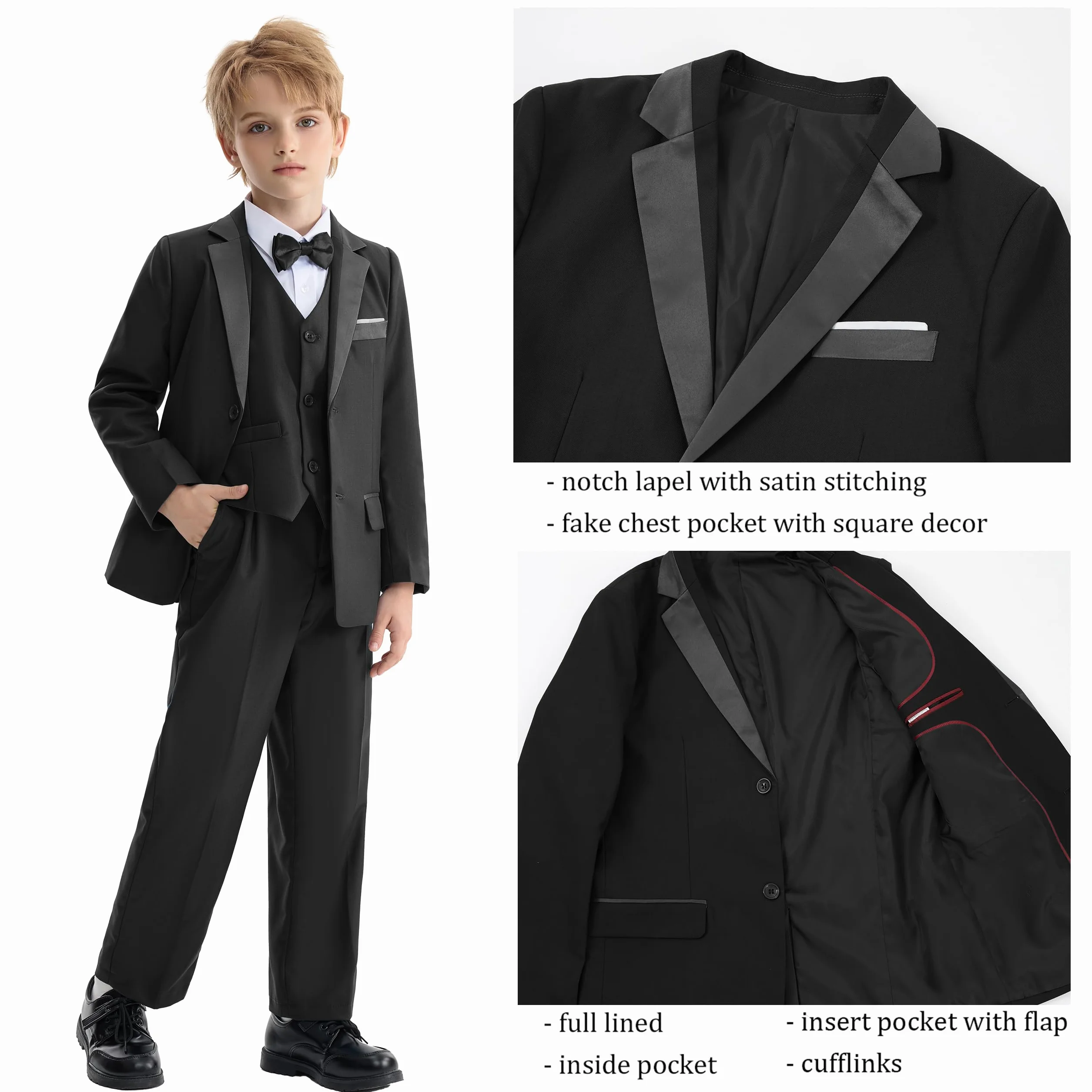 LOLANTA 5 pièces Smoking Garçon Enfant - Costume Cérémonie Mariage avec Noeud Papillon, Tenue de Soirée pour Garçon 2-14 Ans