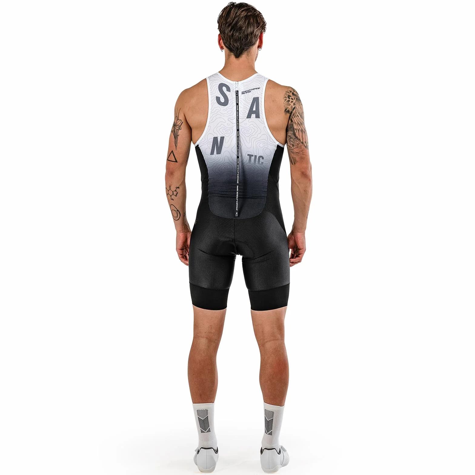 Santic Combinaison de triathlon pour homme - Une pièce - Sans manches - Rembourrée - Manches courtes - Trisuit - Triathlon - Haute élasticité - Séchage rapide