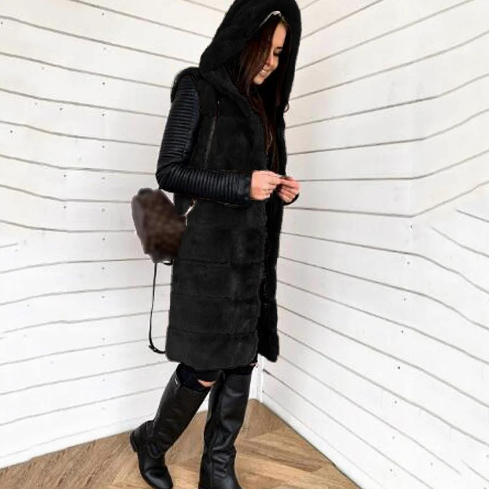 Gilet en fourrure synthétique pour femme - Élégant - Sans manches - Sans manches - Veste d'hiver chaude - Avec capuche