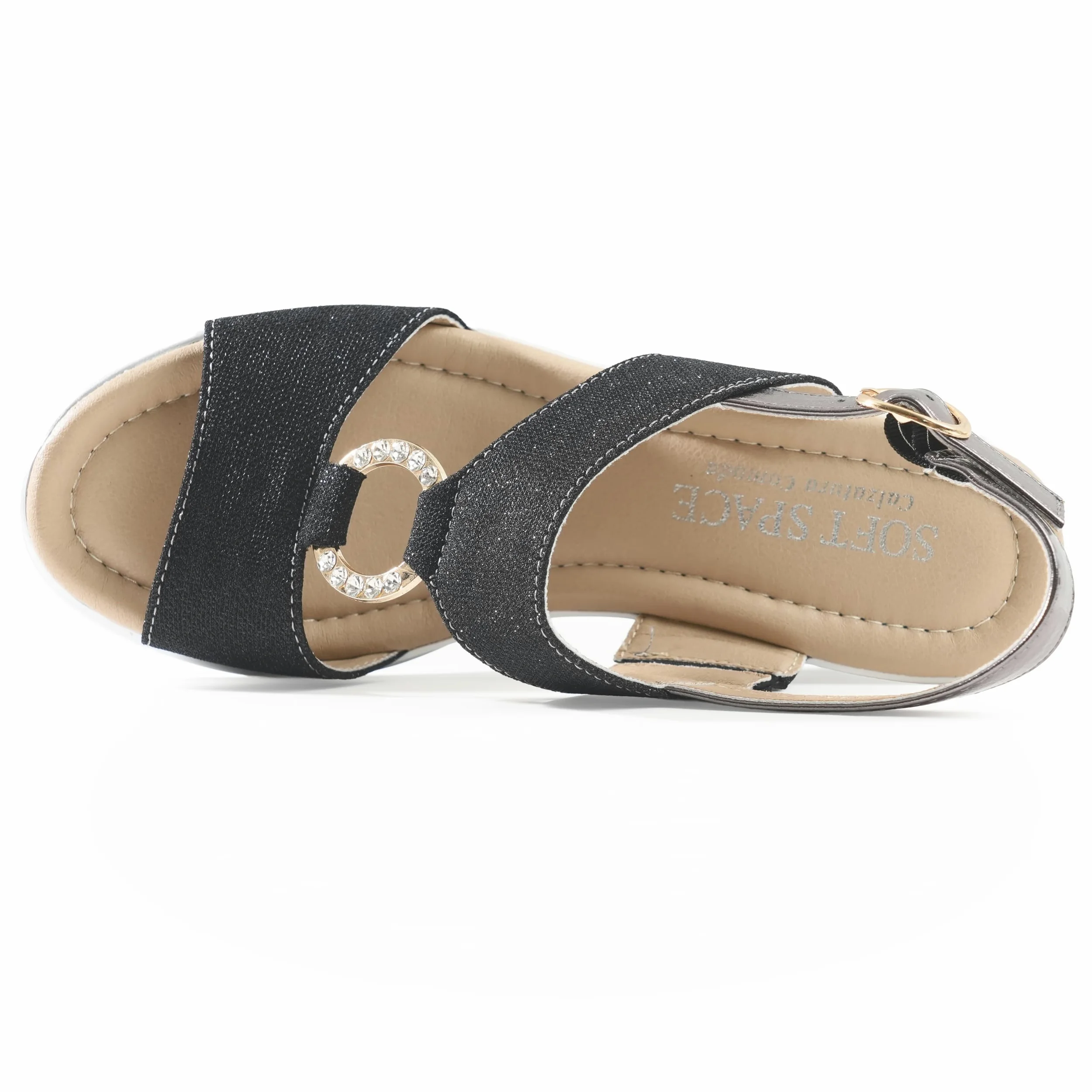 JOMIX Sandales Femme Élégantes avec Compensée 7 cm Tissu Brillant et Détail Bijou avec Anneau Strass Bride Réglable Semelle Confort Amortissante Antidérapante Chaussures Été Casual Chic