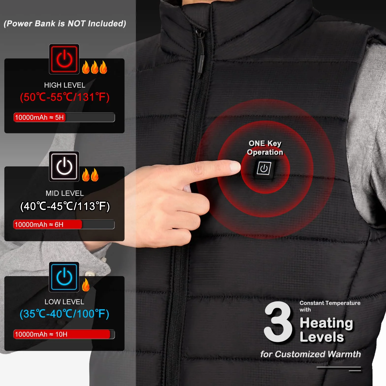 AGUG Veste Chauffante, Gilet Chauffant Électrique pour Homme/Femme avec 3 Modes de Chauffe Vêtement de Chauffage Lavable pour Ski Plein Air Randonnée Hiver Moto Chasse Camping(Sans Batterie)
