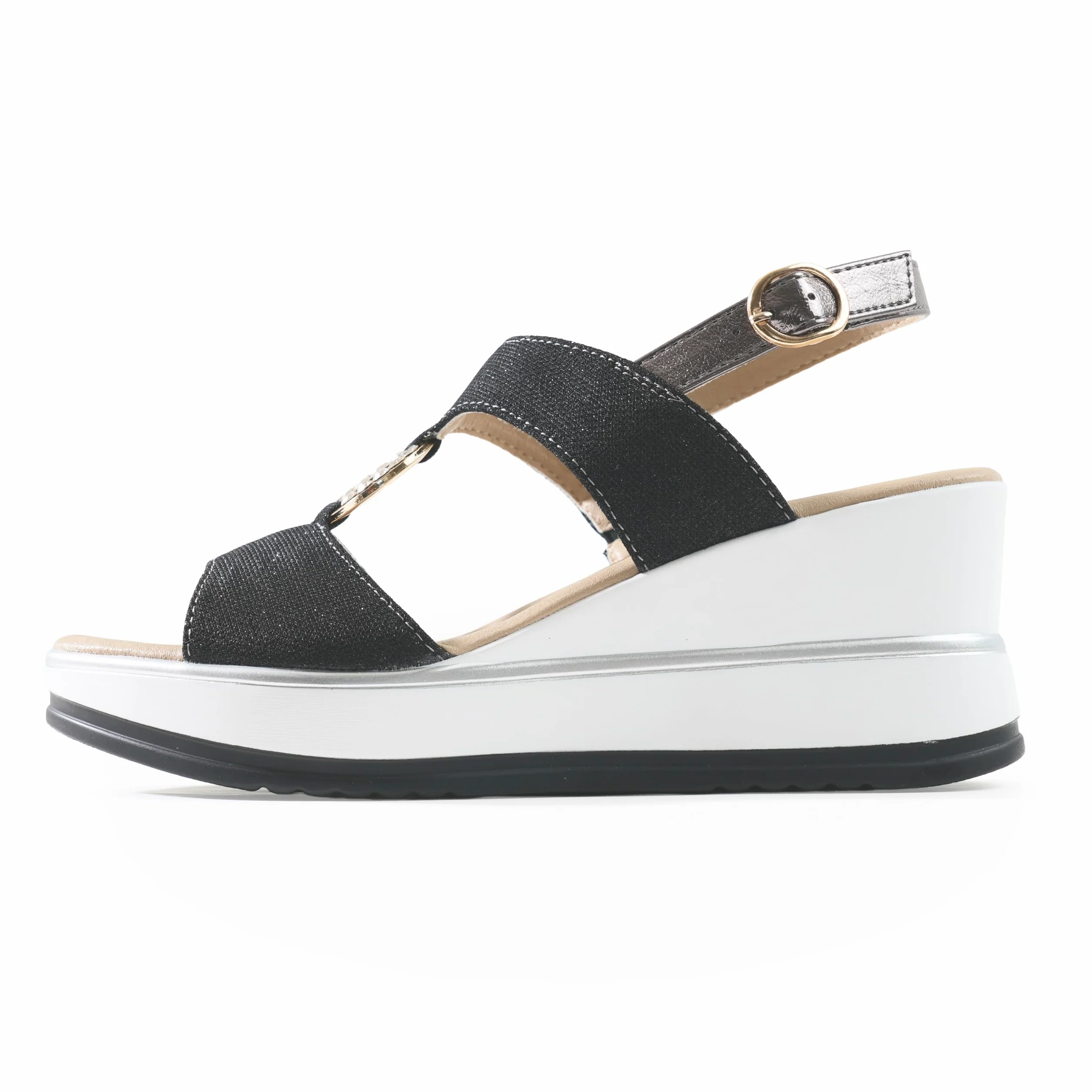 JOMIX Sandales Femme Élégantes avec Compensée 7 cm Tissu Brillant et Détail Bijou avec Anneau Strass Bride Réglable Semelle Confort Amortissante Antidérapante Chaussures Été Casual Chic