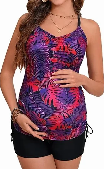 Maacie Maillot De Bain De Maternité Deux Pièces avec Cordons De Serrage Latéraux Dos Nu Plante Violette L