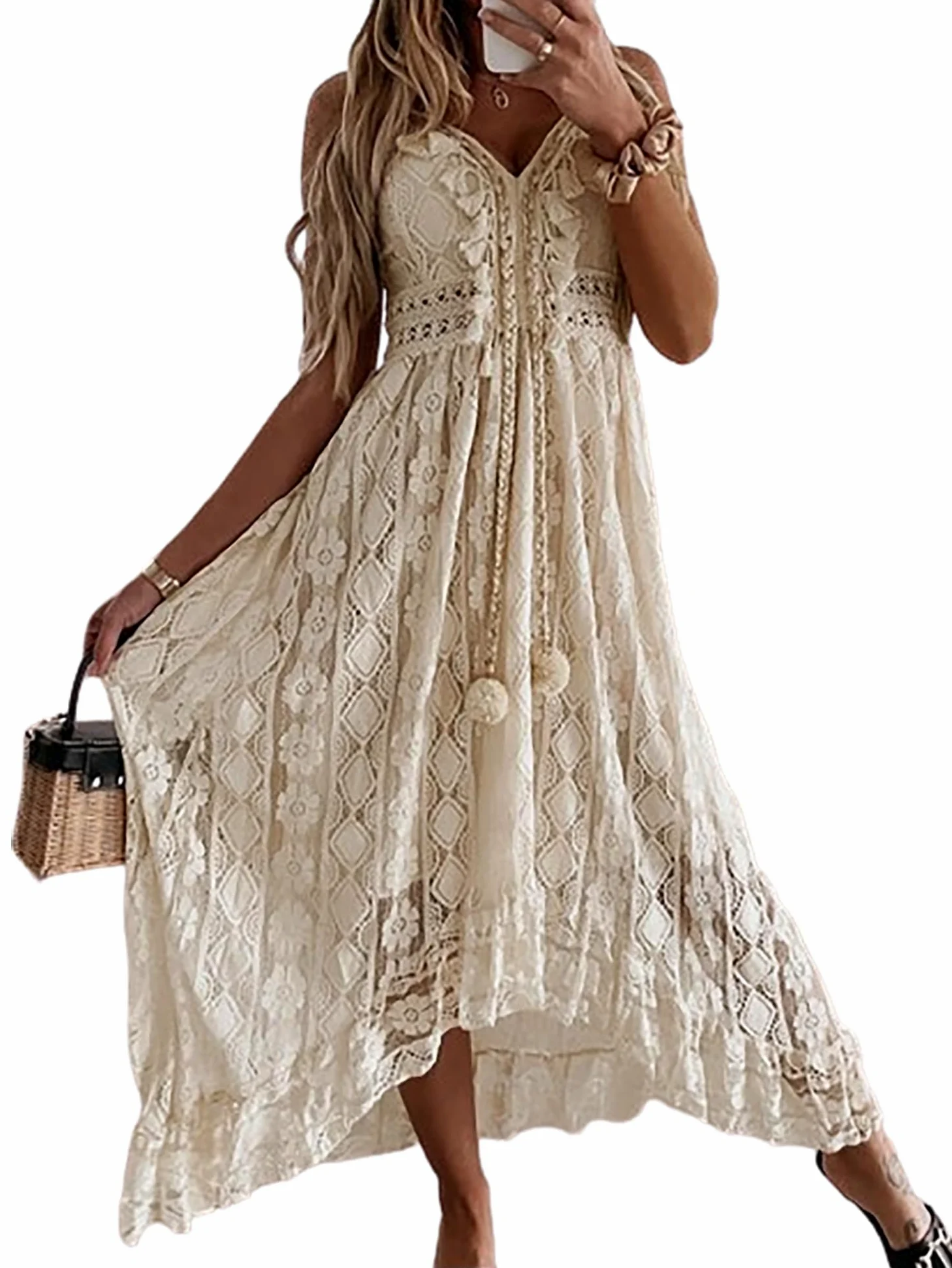 CUPSHE Robe d'été pour Femme Boho Maxi à Lacets avec Pompon col en V évasé à Volants Robes de Plage