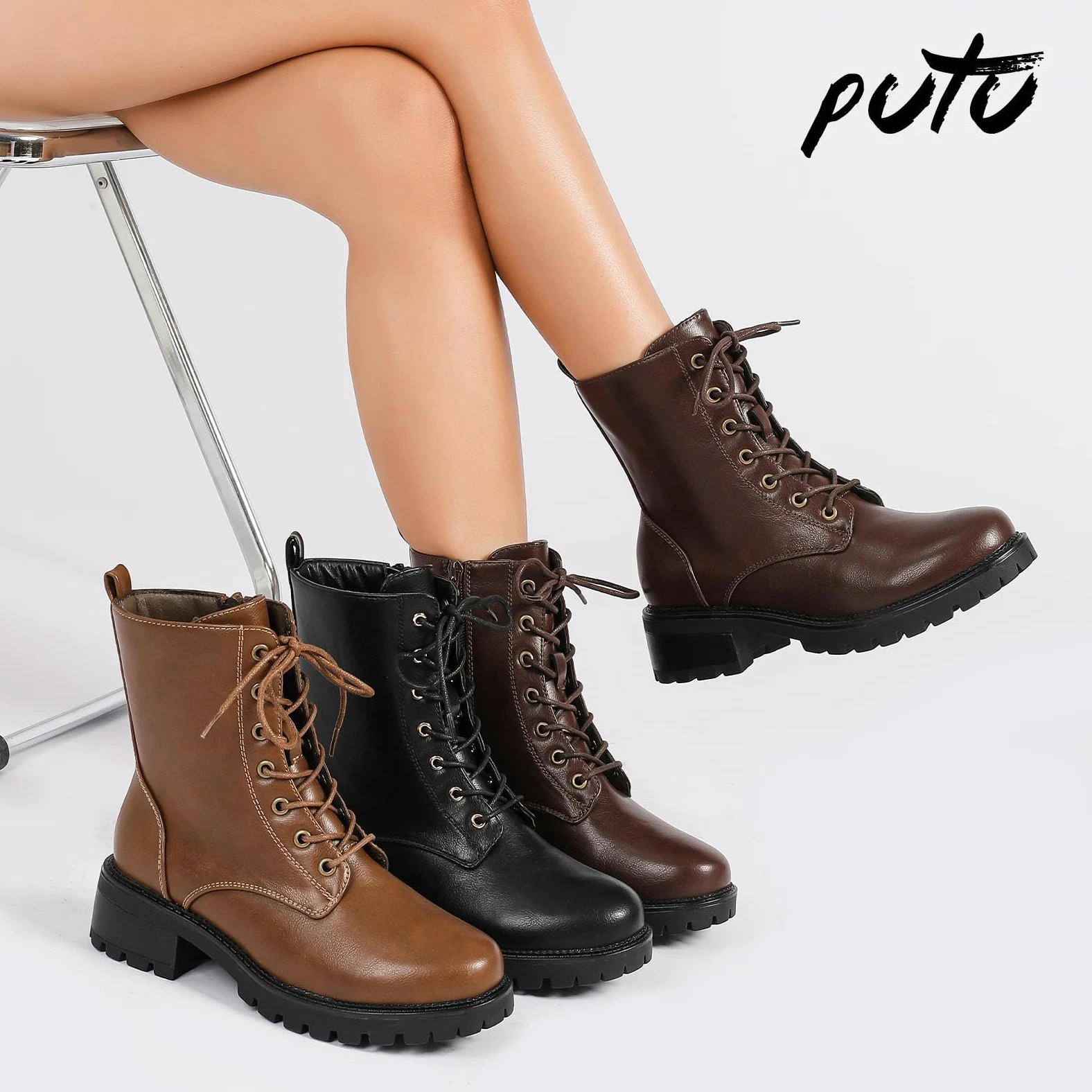 Putu Bottines Femme à Lacets et Fermeture Éclair, Bottes avec Semelle Antidérapante, Style Tendance et Faciles à Porter 36-42
