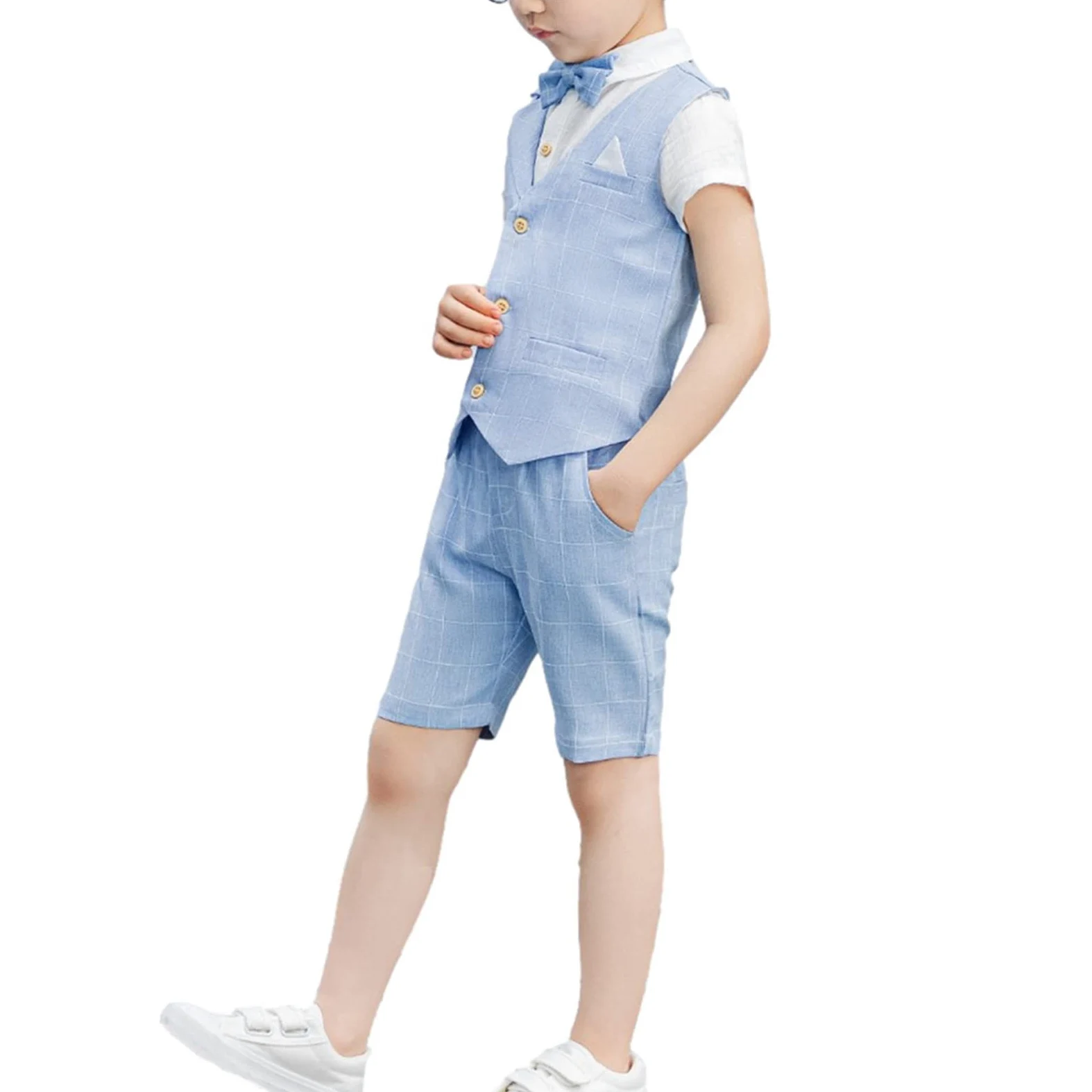 4 pièces Garçons Été Shorts Costumes Ensemble Coupe Ajustée Gilet Chemise Shorts Nœud Papillon Tenue Vêtements