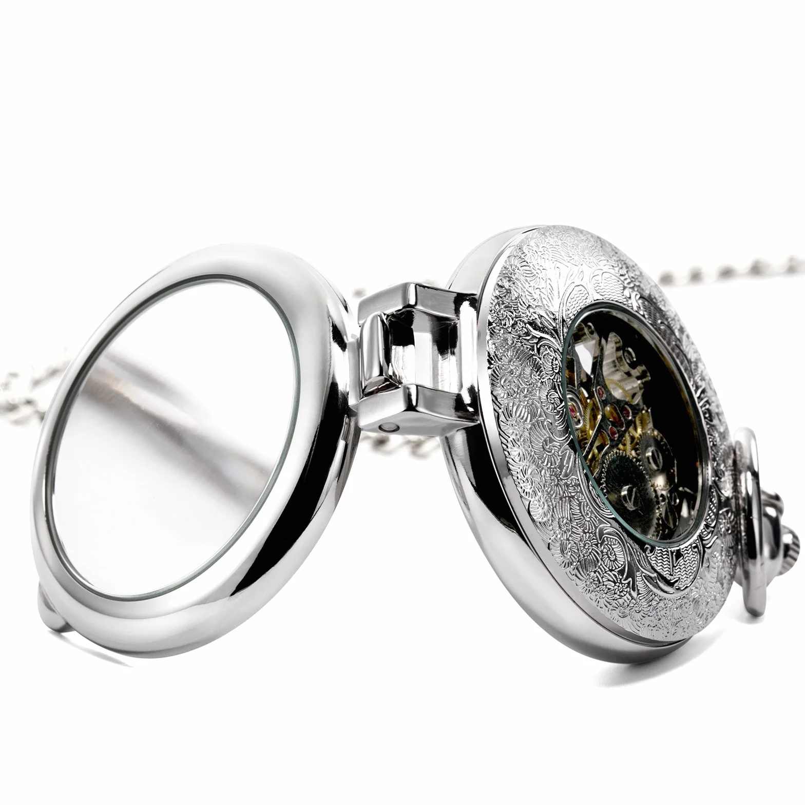 TREEWETO Montre de Poche Mécanique Steampunk pour Homme et Femme, Cadran Squelette Argenté avec Chaîne + Boîte, Argenté, Rétro