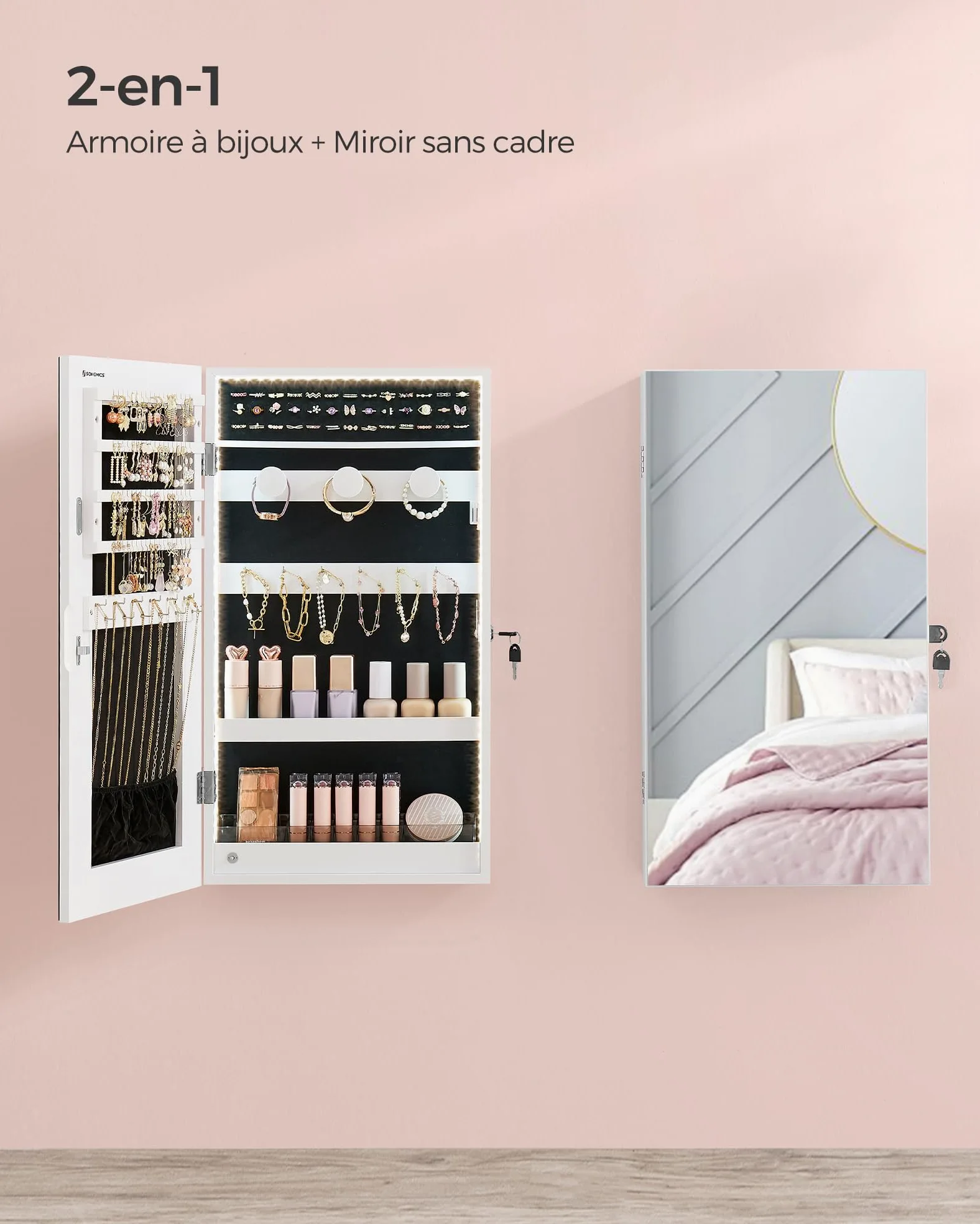 SONGMICS Armoire à Bijoux Miroir avec Éclairage LED Intégré, Rangement pour Bijoux Mural ou à Suspendre sur Une Porte, Armoire Miroir Suspendue 9,7 x 37 x 67 cm, Blanc JJC050W01