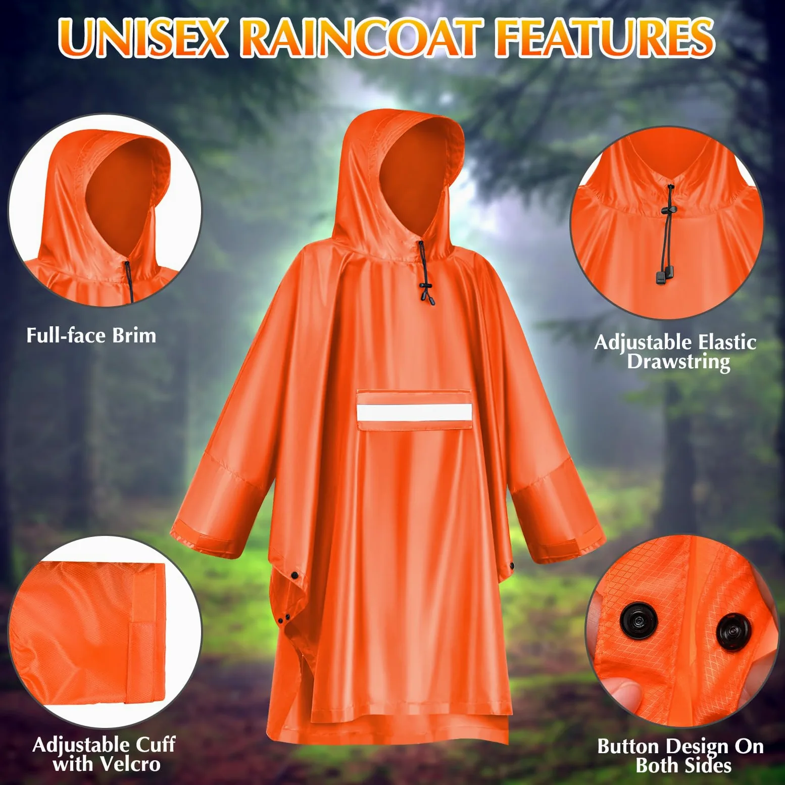 Veste de pluie imperméable pour femme, unisexe, légère, imperméable multi-usage pour l'extérieur, le camping, la randonnée et la pêche, orange, Taille Unique