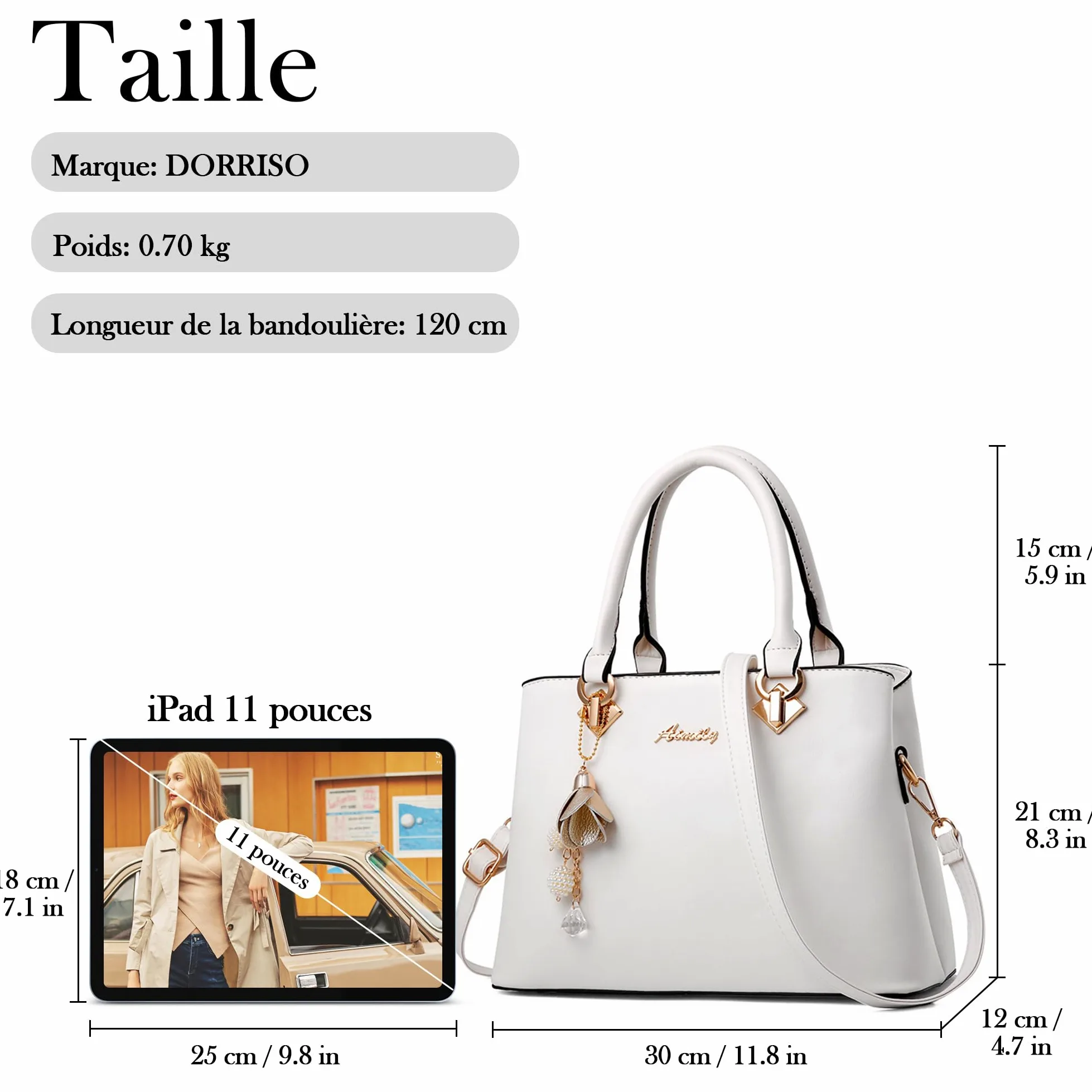 Mode Sac à Main Femmes Sac Bandoulière Sac Cuir PU Poignée Sac Bandoulière Cloches Suspendues Ornements Travailler Voyage Décontracté Quotidien Sac à Main Blanc