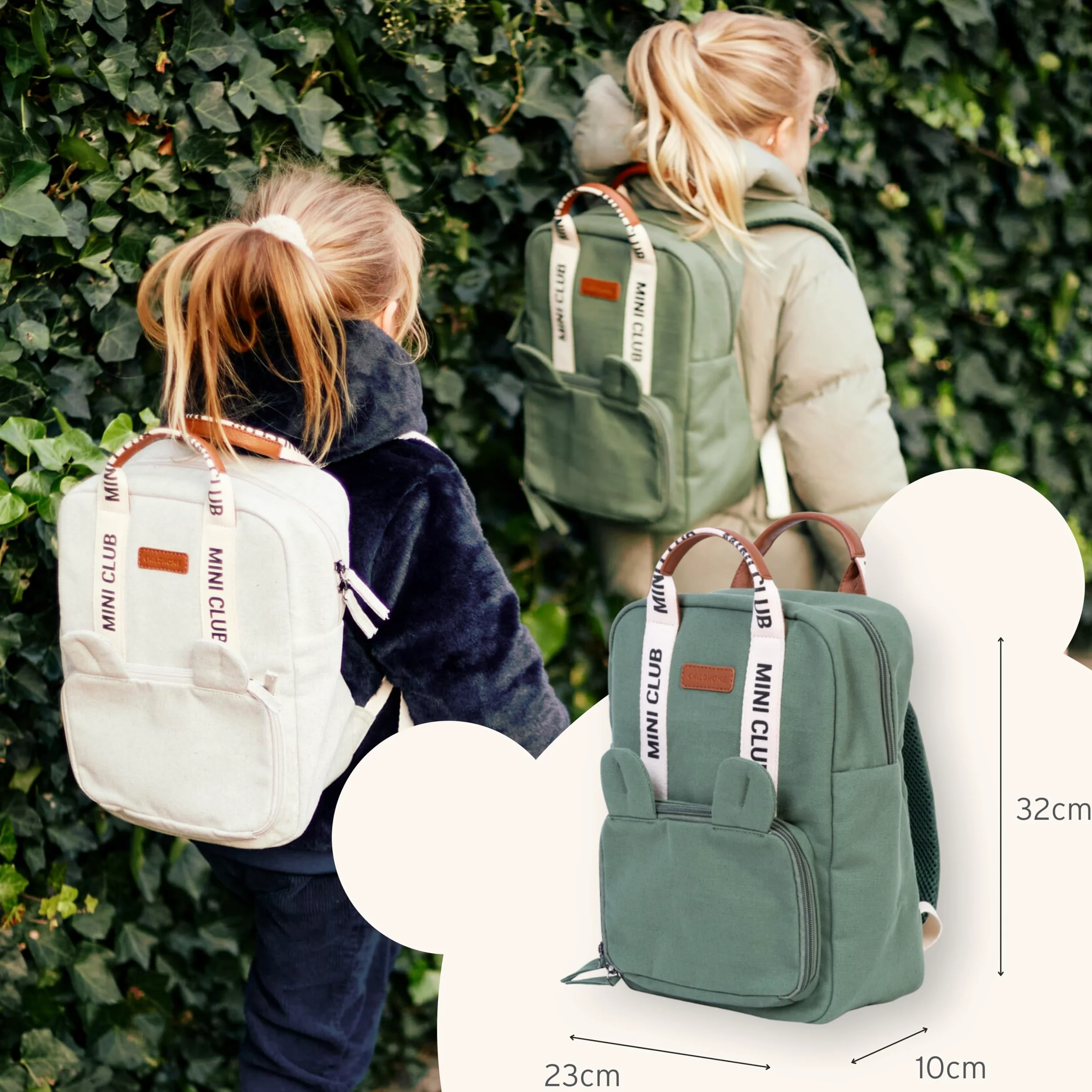 CHILDHOME, Sac a Dos, Bebe, Sac à dos Enfant, Cartable maternelle, Pochette isotherme, Compartiment boite à repas, Solide, Matière Coton, My First Bag, 7L, Mini Club, Signature, Vert