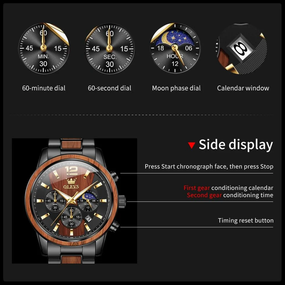 OLEVS Montre chronographe Homme à Quartz Japonais : Bracelet en Bois Massif ou Acier Inoxydable, étanche, Classique et élégante - Cadeau Parfait pour Homme