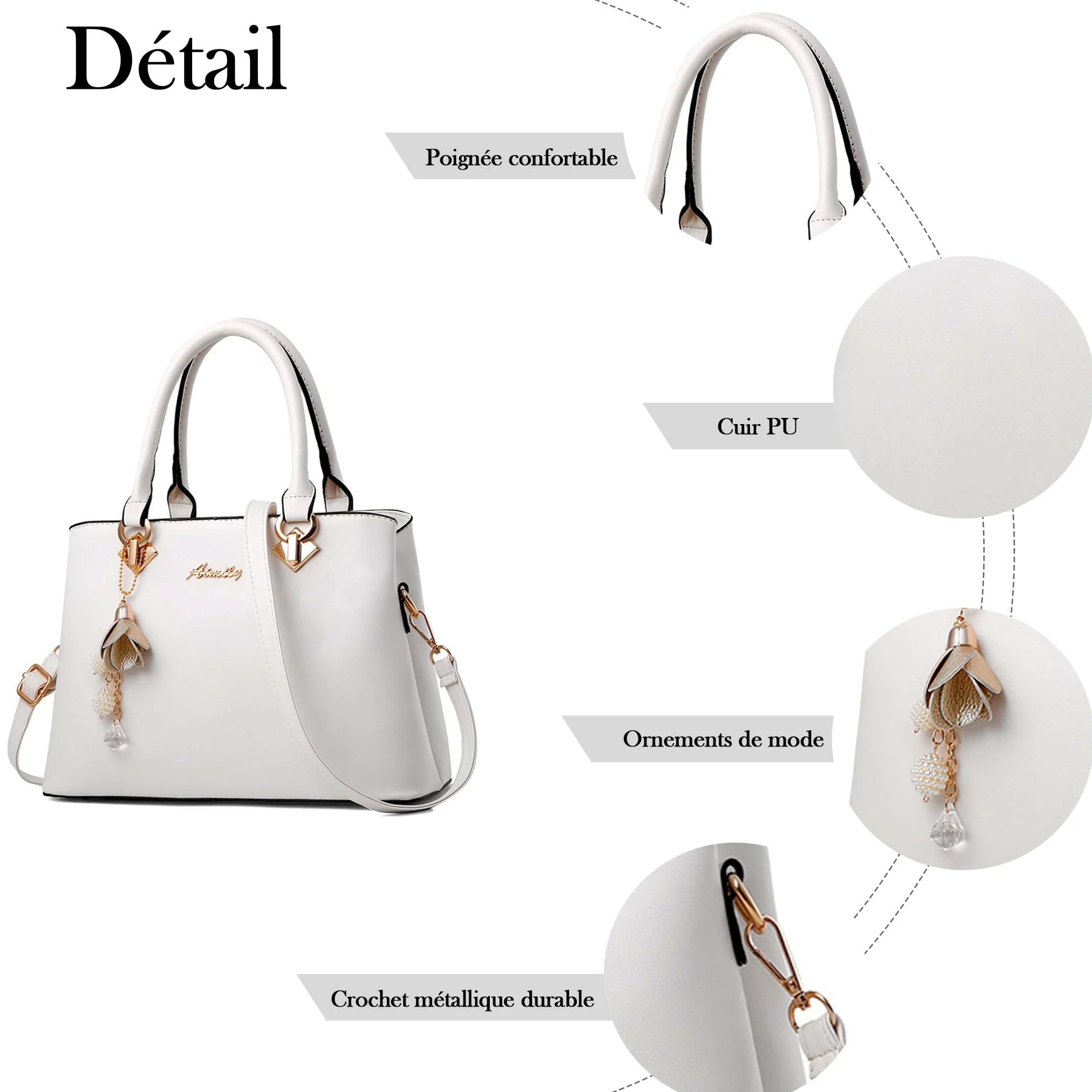 Mode Sac à Main Femmes Sac Bandoulière Sac Cuir PU Poignée Sac Bandoulière Cloches Suspendues Ornements Travailler Voyage Décontracté Quotidien Sac à Main Blanc