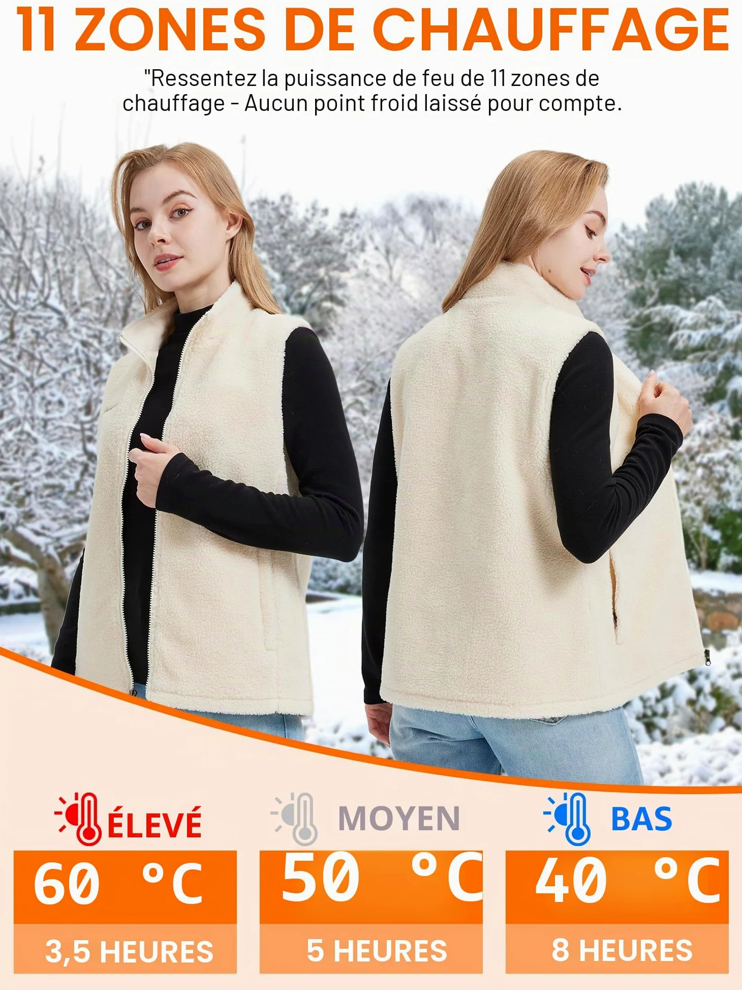 Gokozy Gilet Chauffant Électrique avec 7.4V Batterie ，Fleece Sherpa gilet chauffant femme 11 zones veste chauffante pour les Sports de Plein Air