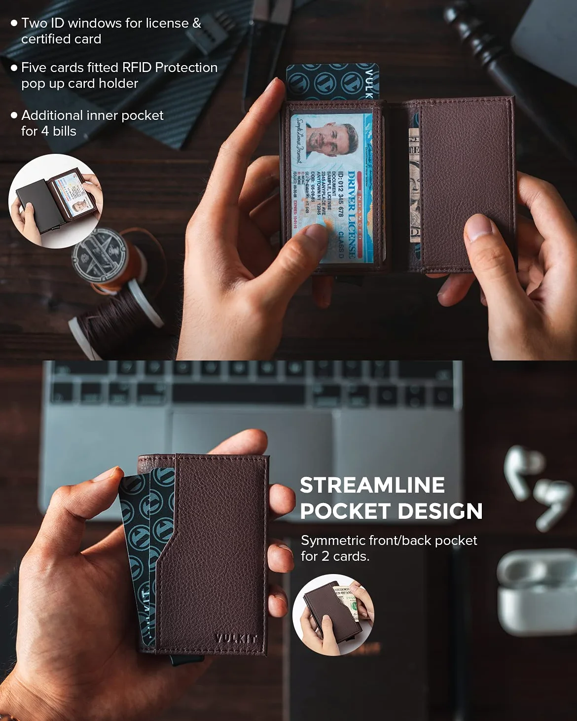 VULKIT Porte Cartes de Crédit avec Double Fenêtre d'Identification RFID Bloquant Le Portefeuille Automatique de Cartes Pop Up pour Cartes et Billets