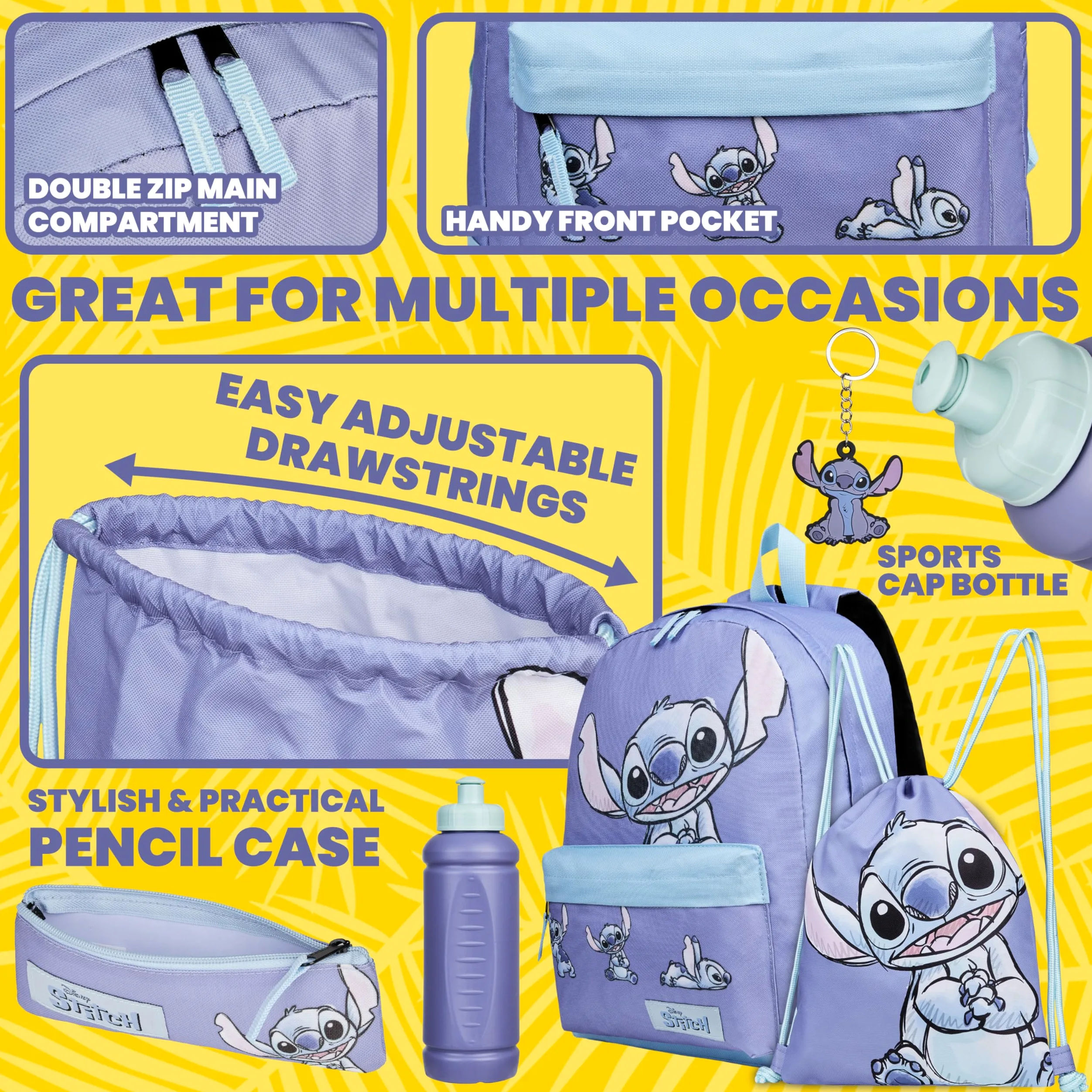 Disney Stitch Sac a Dos Fournitures Scolaires Lot 5 Pièces avec Sac de Natation Trousse Bouteille d'eau et Porte-clés Cadeau Enfant