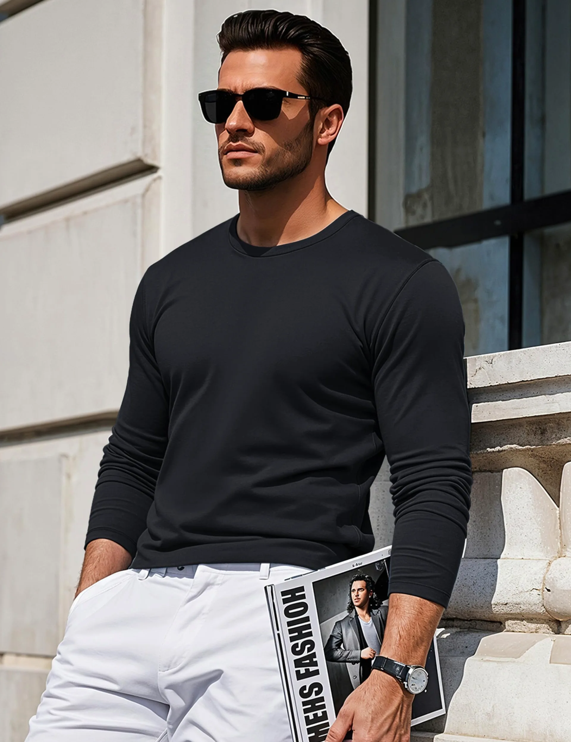 MAGCOMSEN Hommes T-Shirt à Coton Manches Longues avec Encolure Ronde Base Décontractée