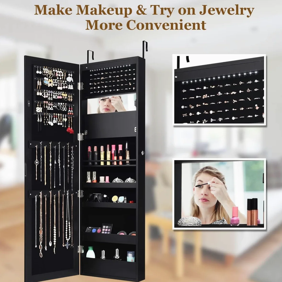 GOPLUS 2 en 1 Armoire à Bijoux avec Miroir, Organisateur de Bijoux Mural avec Lumières LED Automatiques, Armoire de Rangement Cosmétiques Verrouillable pour Chambre, Vestiaire (Noir)