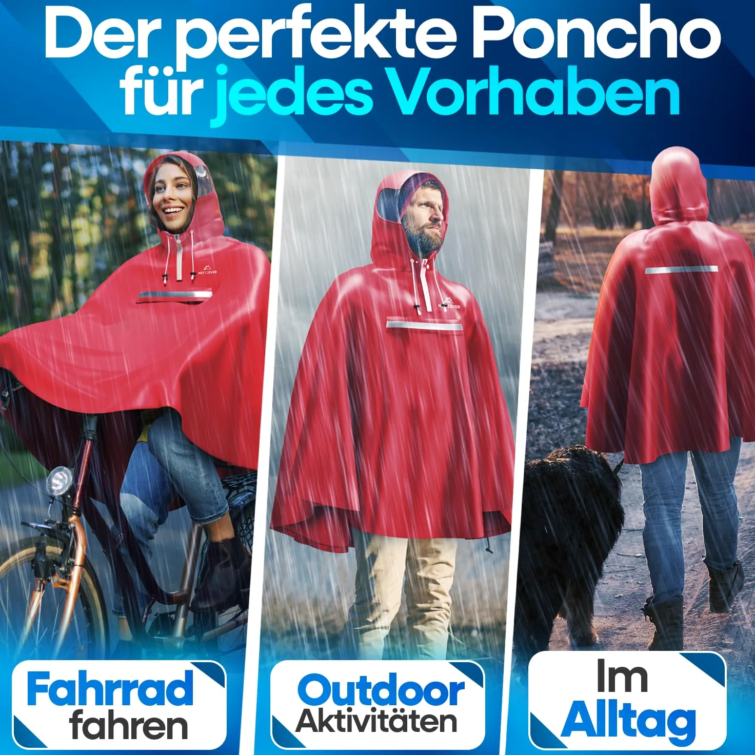 NEXTCOVER Poncho de pluie de vélo pour homme et femme – Avec technologie [AquaShield 2.0] I Poncho de pluie, cape de pluie de vélo, poncho de pluie, poncho de pluie pour homme, cape de pluie pour