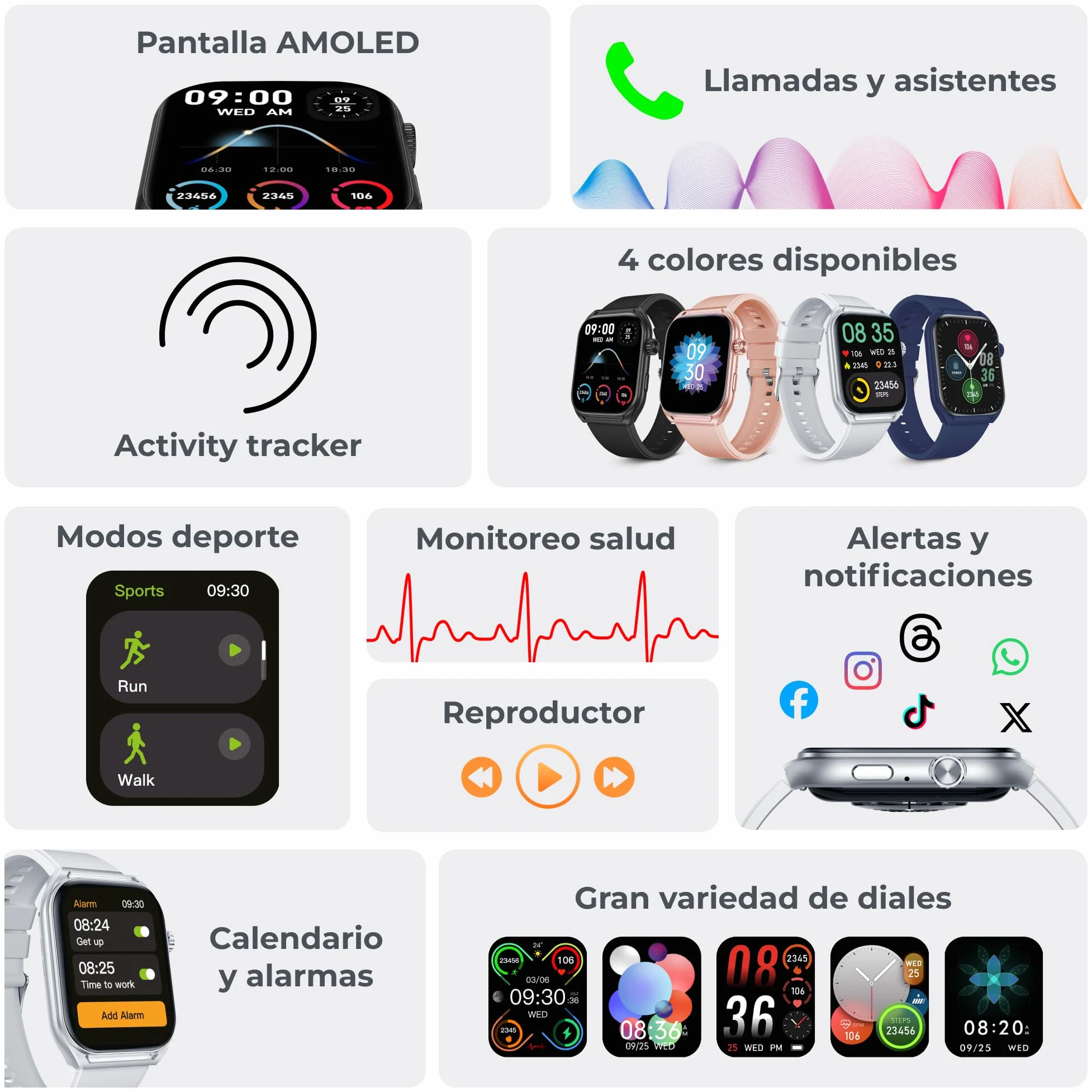 KSIX Smartwatch Urban Move noir, écran AMOLED 2,06", messages, mains libres, assistant vocal, 100+ modes sportifs