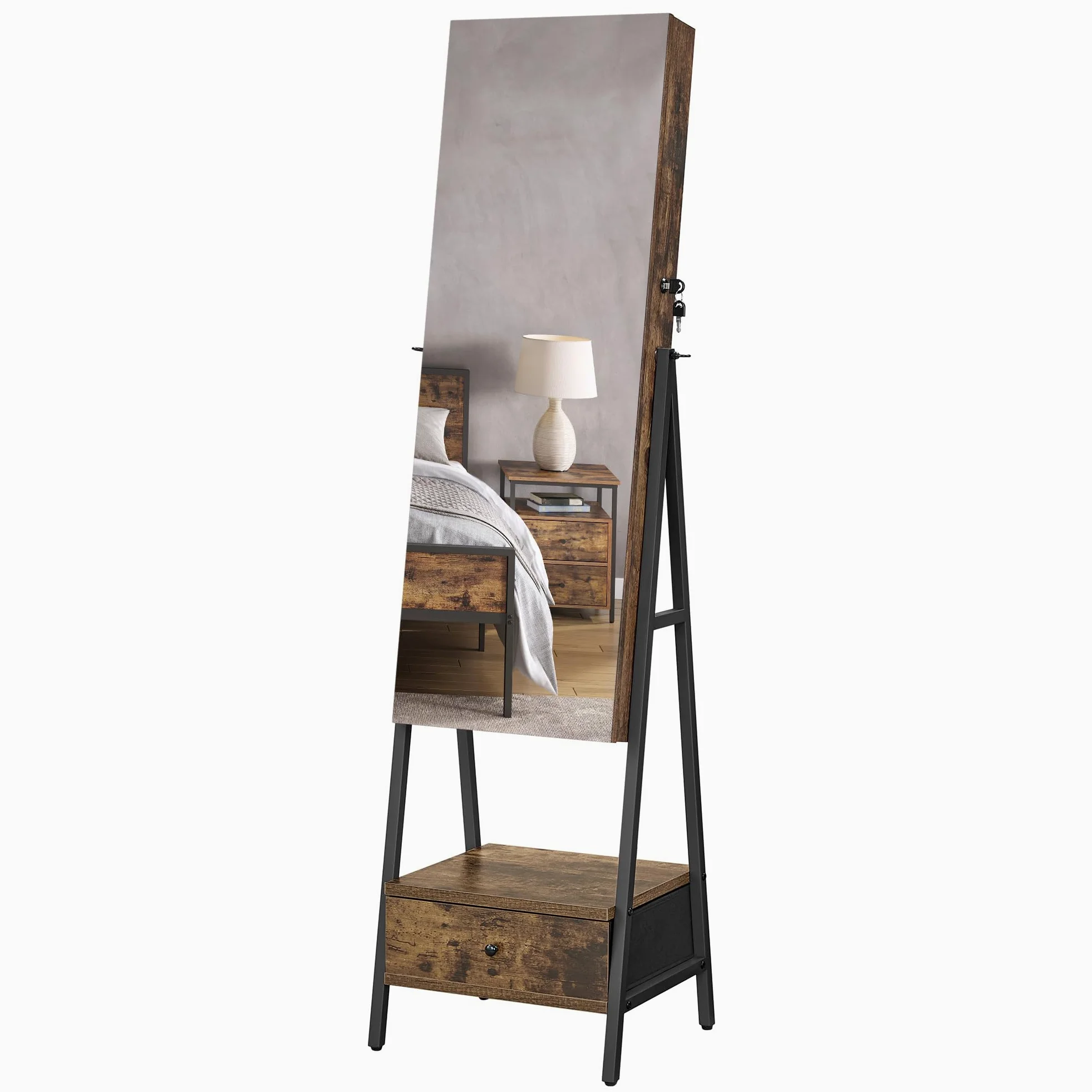 SONGMICS Armoire à bijoux LED sur pied, verrouillable avec miroir pleine longueur, organiseur de bijoux compact avec tiroir et étagère, idée cadeau, marron rustique JJC025X01