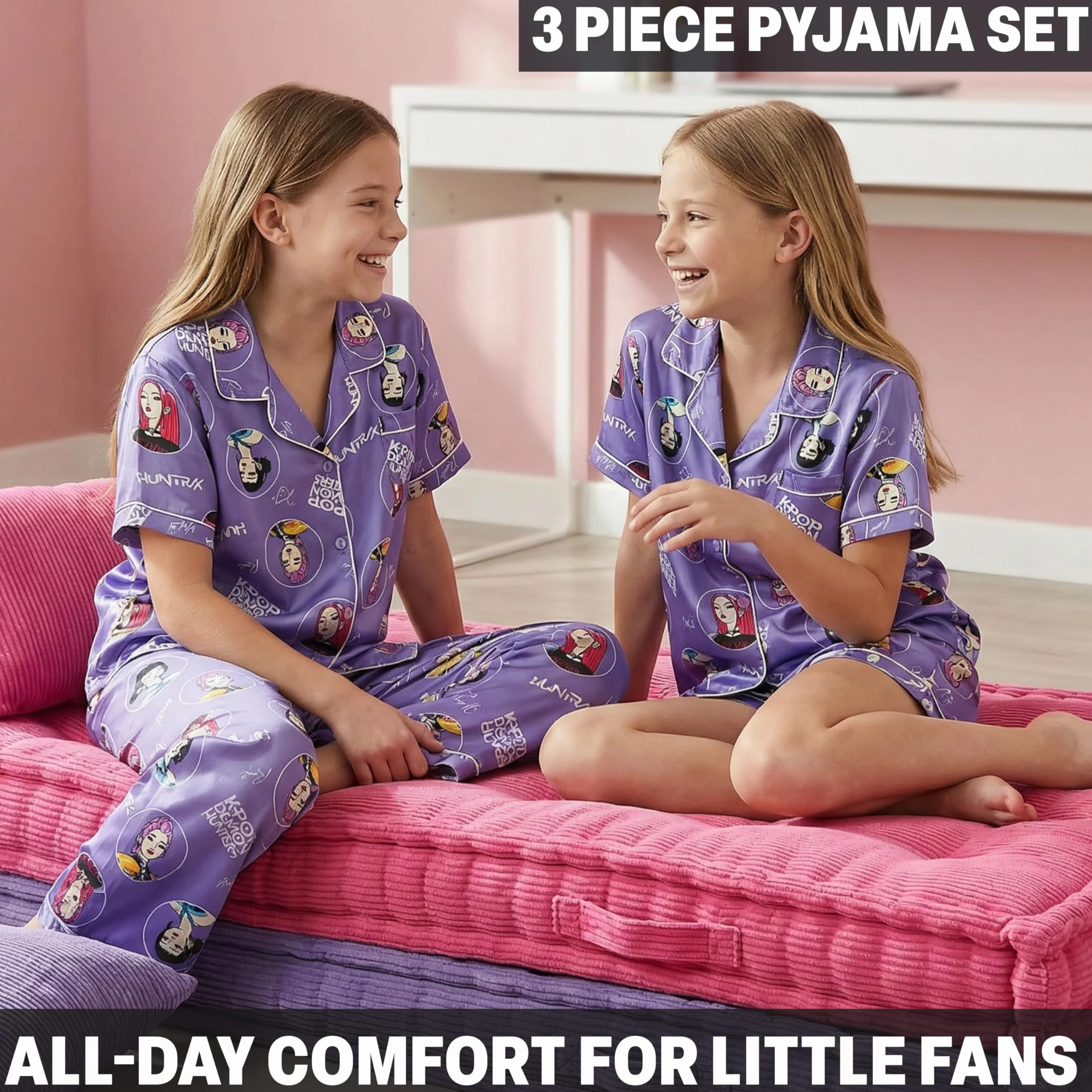 Get Trend Kpop Demon Hunters Huntrix Ensembles de Pyjama Fille 5 à 14 Ans, 3 Pièces Chemise Boutonnée, Pyjama Short et Pantalon, Ete Cadeau Fille