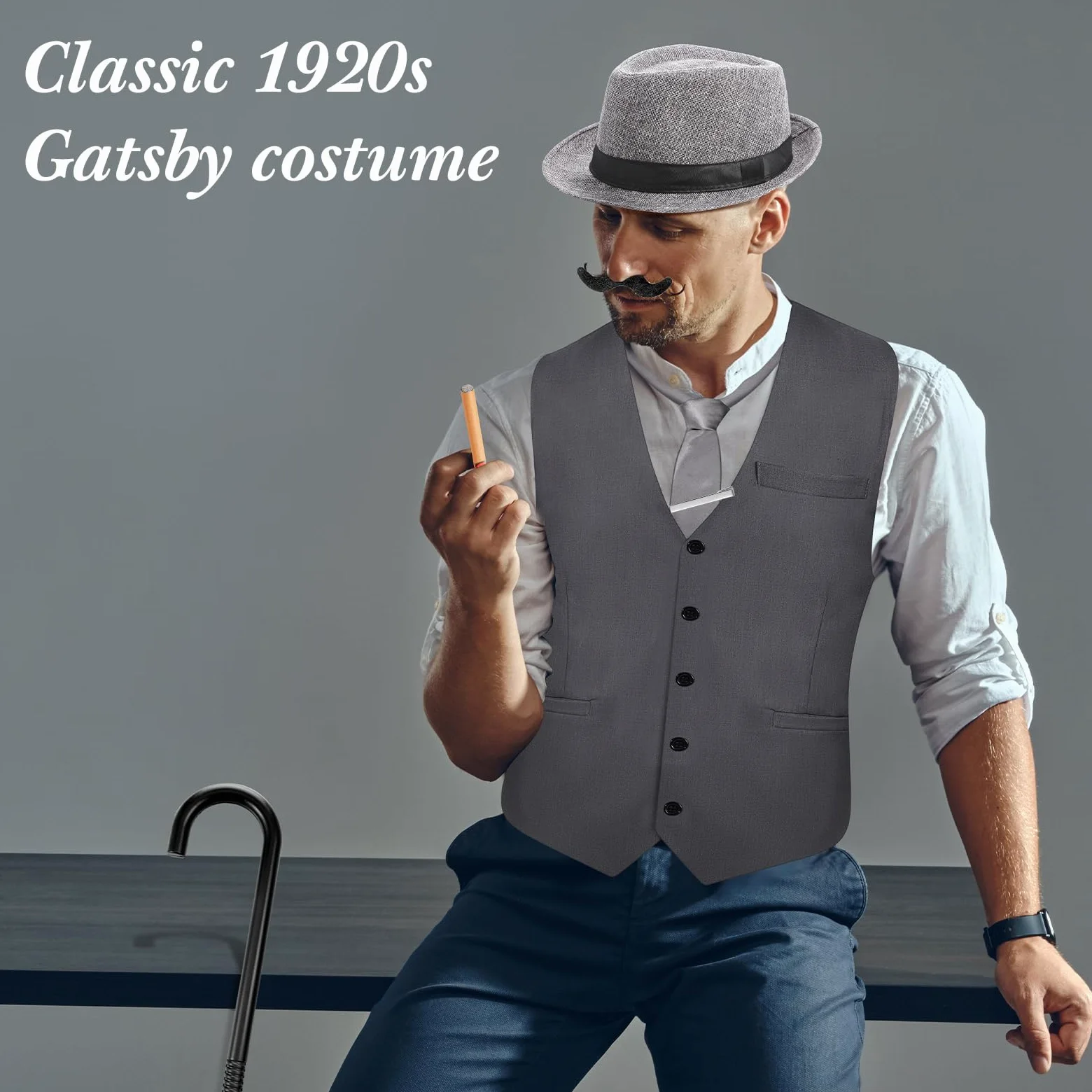 Hestya Tenue des Années 20 pour Homme avec Gilet Chapeau Fédora Bretelles Nœud Papillon Montre de Poche Vintage