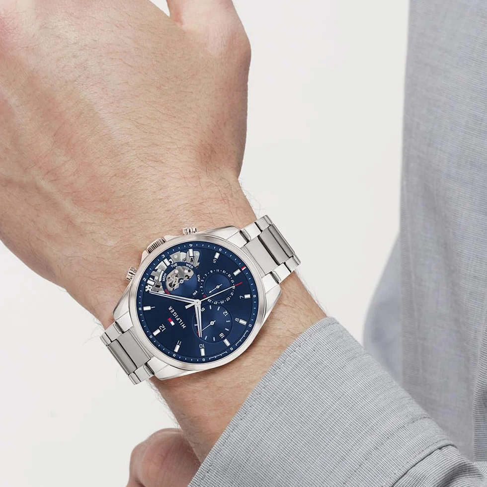 Tommy Hilfiger Montre Analogique Multifunction à Quartz pour homme avec Bracelet milanais en acier inoxydable et en piel