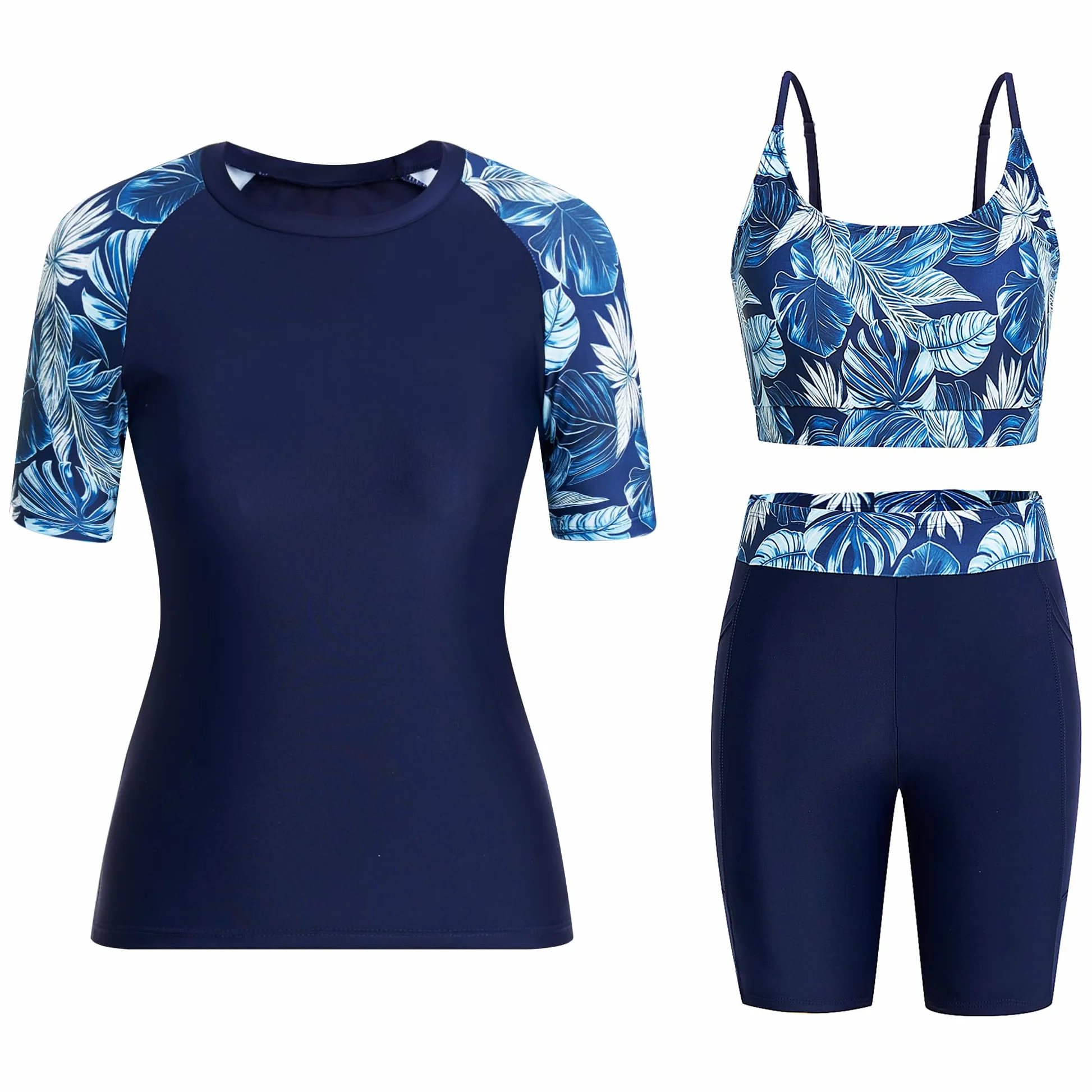 Owntop Maillot de bain 3 pièces Rashguard UPF50+ UV pour femme | Rashguard à manches courtes, haut de bikini et short taille haute | maillots de bain modestes | natation surf, bleu, XXL