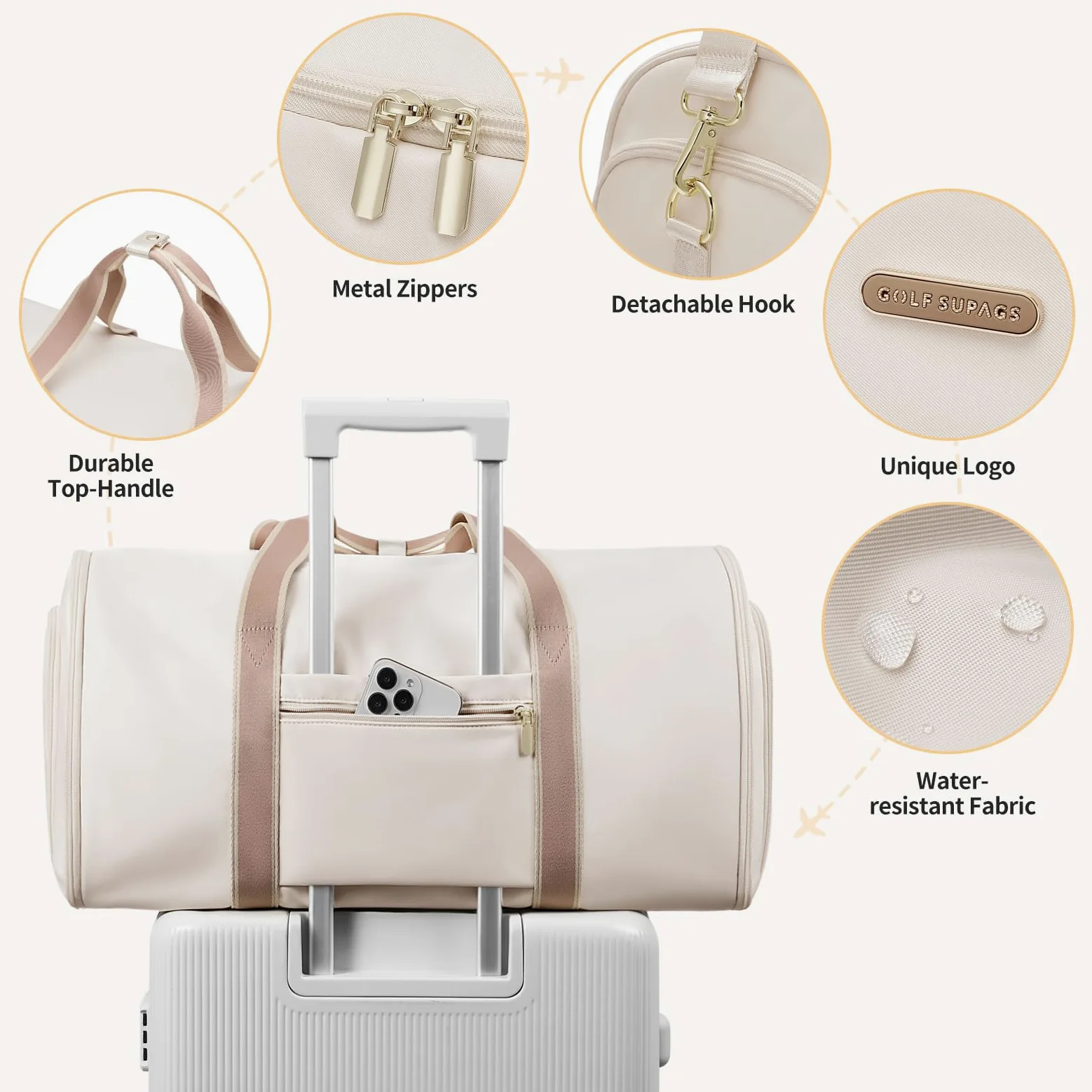 Sac de Voyage Convertible 2 en 1 Sac à Main pour Femme Pliable Blanc Cassé