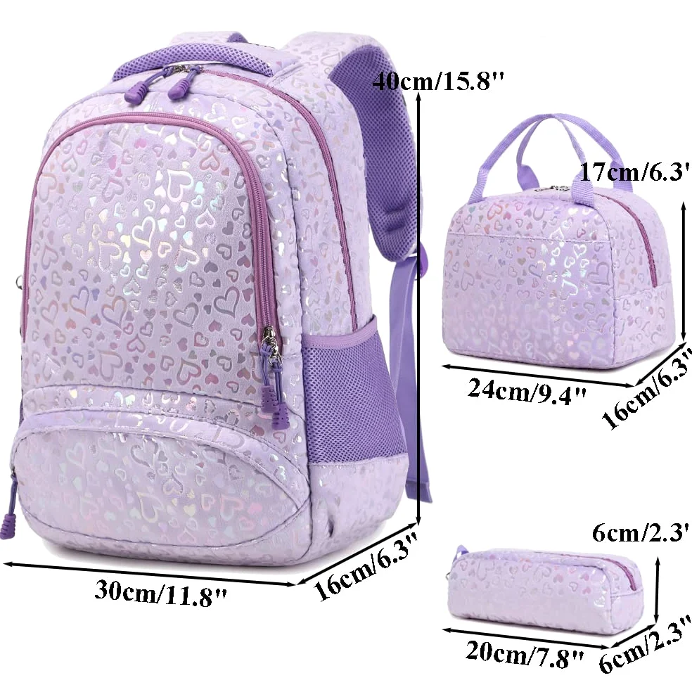 Kimwadalh Cartable Primaire Sac à Dos pour Filles Amour Sac à Dos pour Enfants,Léger Cartable 3 PCS Ensemble de Sacs d'école,avec Sac à Lunch et Trousse