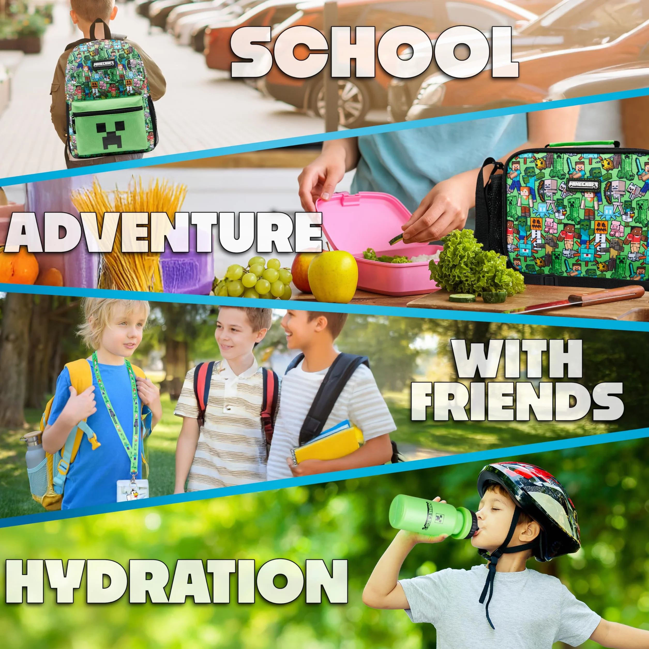 Minecraft Sac à Dos Enfant 5 Pièces Bouteille d'eau Sac Repas Isotherme Kawaii Trousse Sac à Cordon ou Lanière et Porte Clés (Vert AOP)