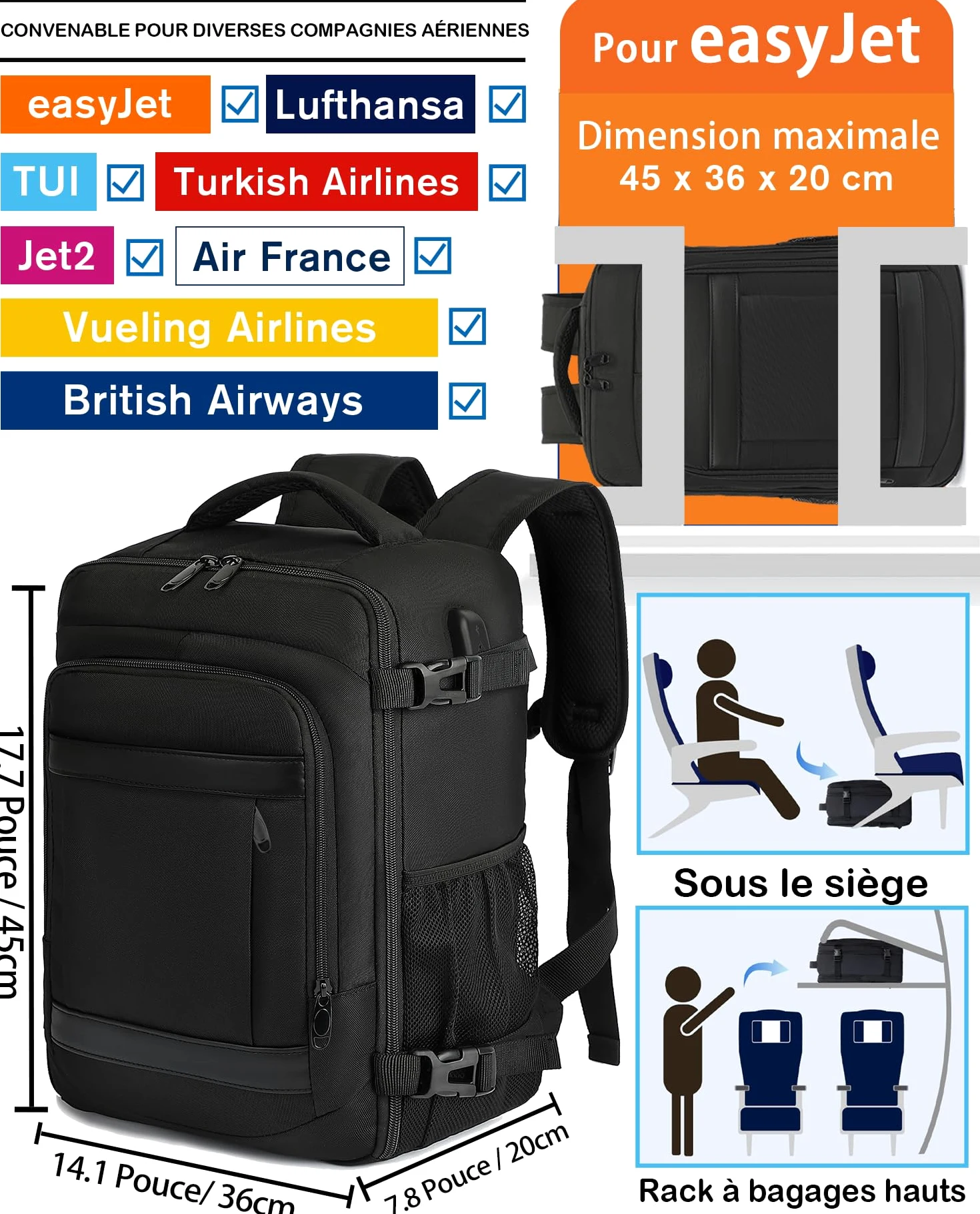 KLOSTAIN Sac à Dos Voyage Cabine Avion 45x36x20 pour Easyjet 30L Bagage Cabine Grande Bagage à Main sous Le Siège Sac à Dos Homme pour Ordinateur Portable 14 Noir