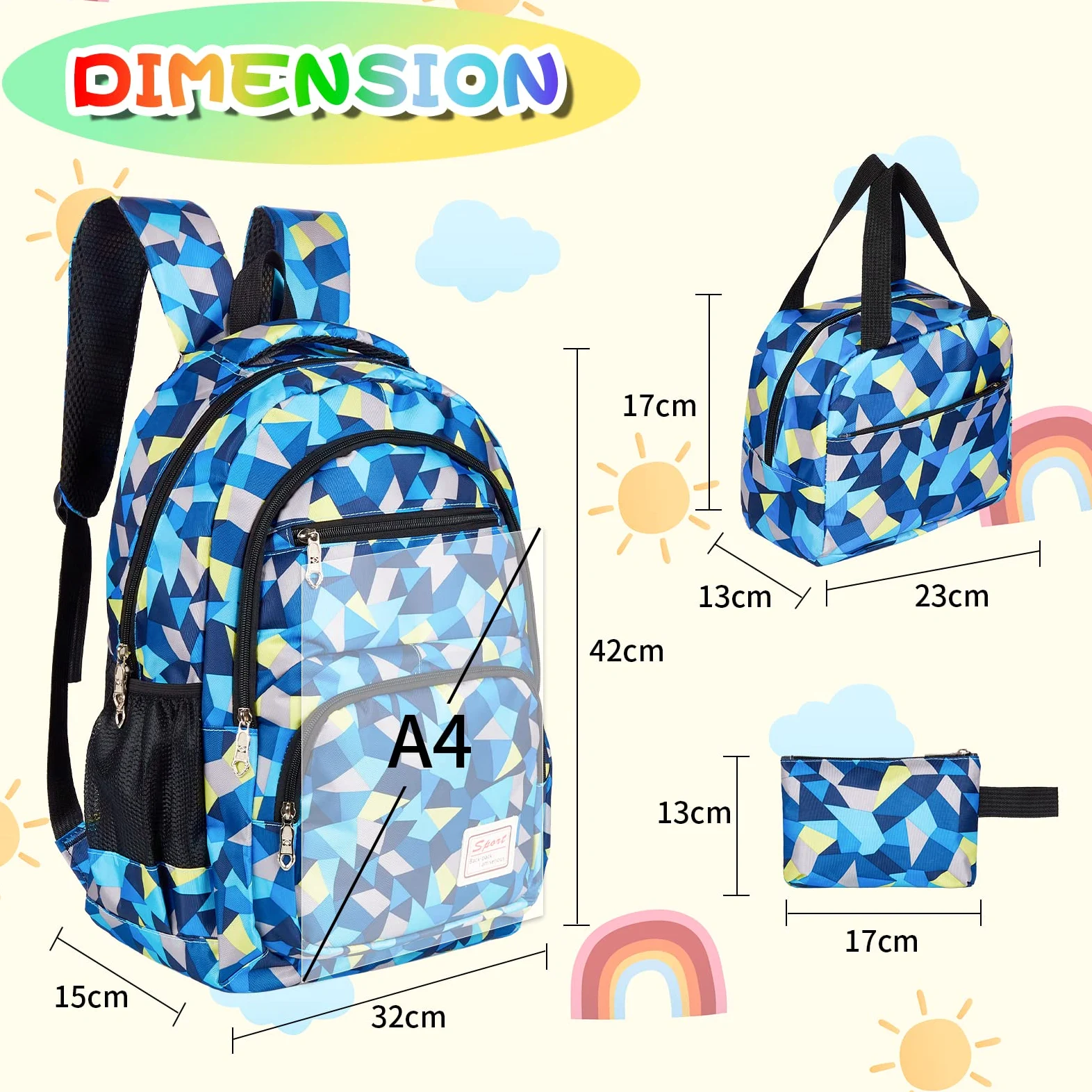 Sciphylia Cartable Fille Primaire Garcon Imperméable Sac a Dos Enfant Fille CP CE2 Elementaire 3 en 1 Sac à Dos Poids Léger avec Sacs à Lunch et Trousse pour CE1 CM1 CM2 D'école Étudiants, Bleu