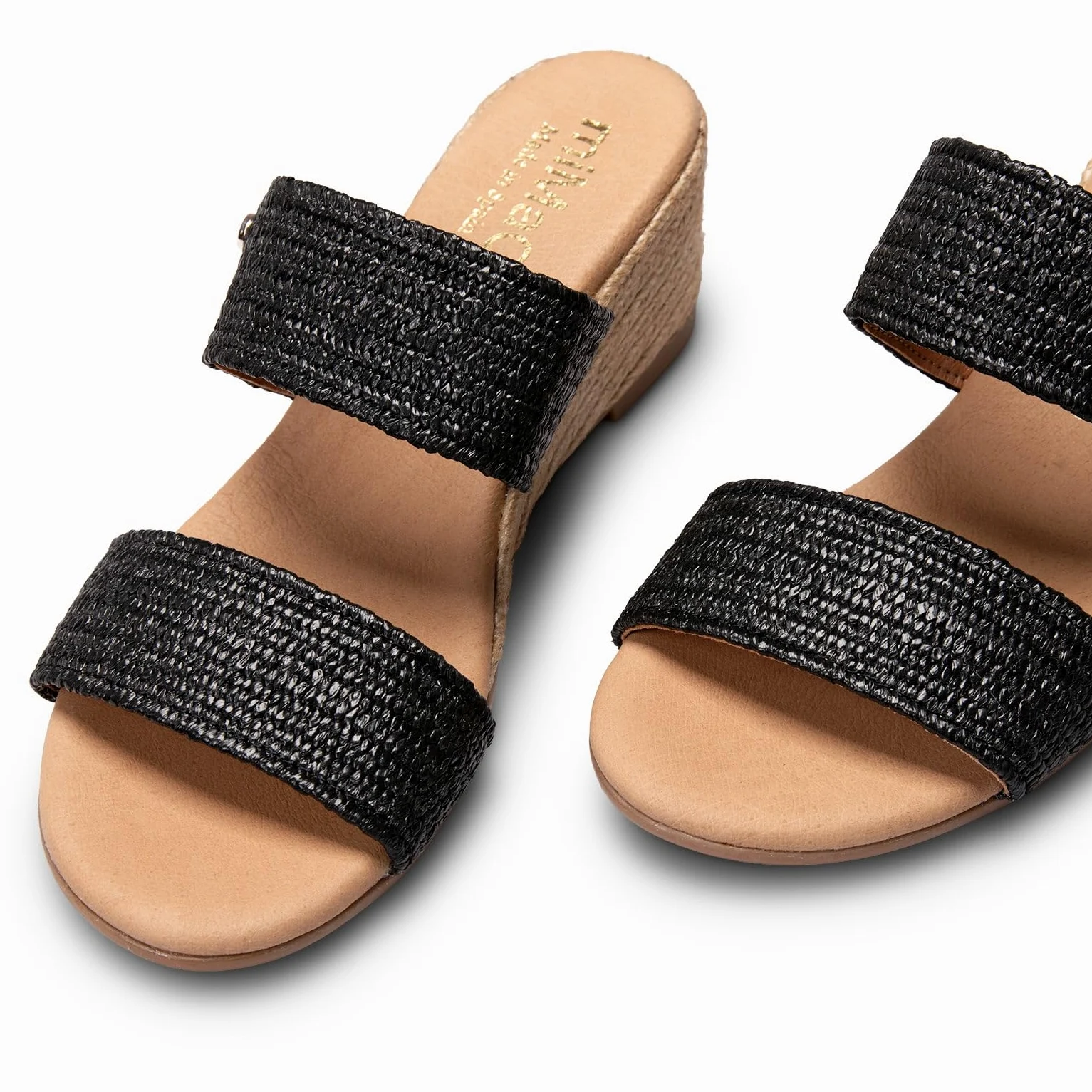 miMaO. Mules à talon compensé de type espadrilles. Fabrication artisanale