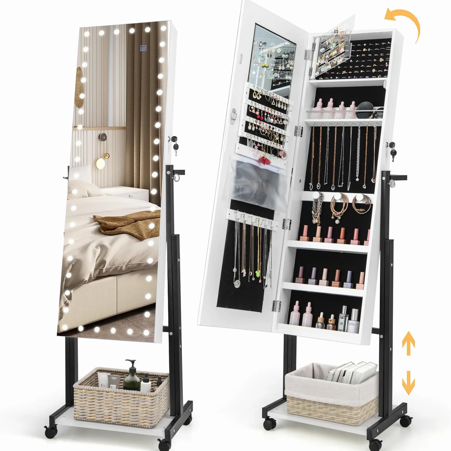 RELAX4LIFE Armoire à Bijoux sur Pied à Roues, Miroir Rangement Bijoux avec LED 3 Couleurs, Hauteurs & Angles Réglables, Étagère Inférieure, Meuble Bijoux pour Chambre Dressing(Blanc)