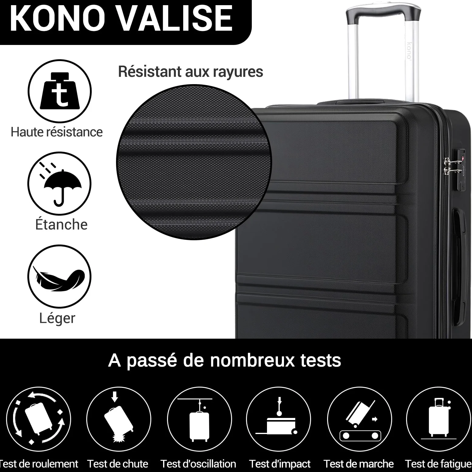 Kono Valise Grande 74cm Rigide ABS Valise de Voyage 28 Pouces à 4 roulettes et Serrure TSA Valise de Mode, Noir