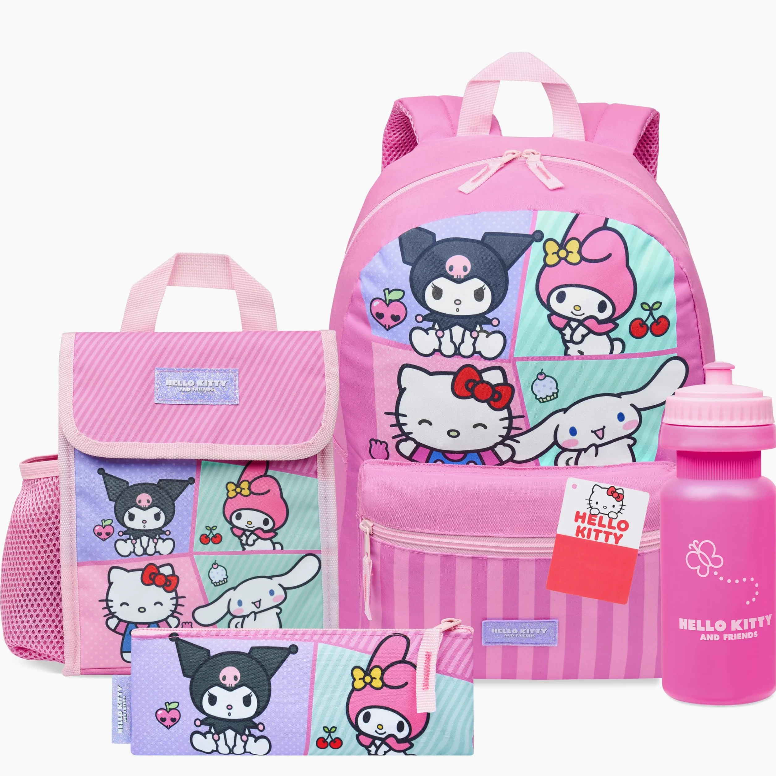 Hello Kitty Sanrio Sac à Dos Fille Kit Scolaire 4 Pièces Trousse Kawaii Sac Isotherme Repas Gourde 600ml Kuromi Cinnamoroll