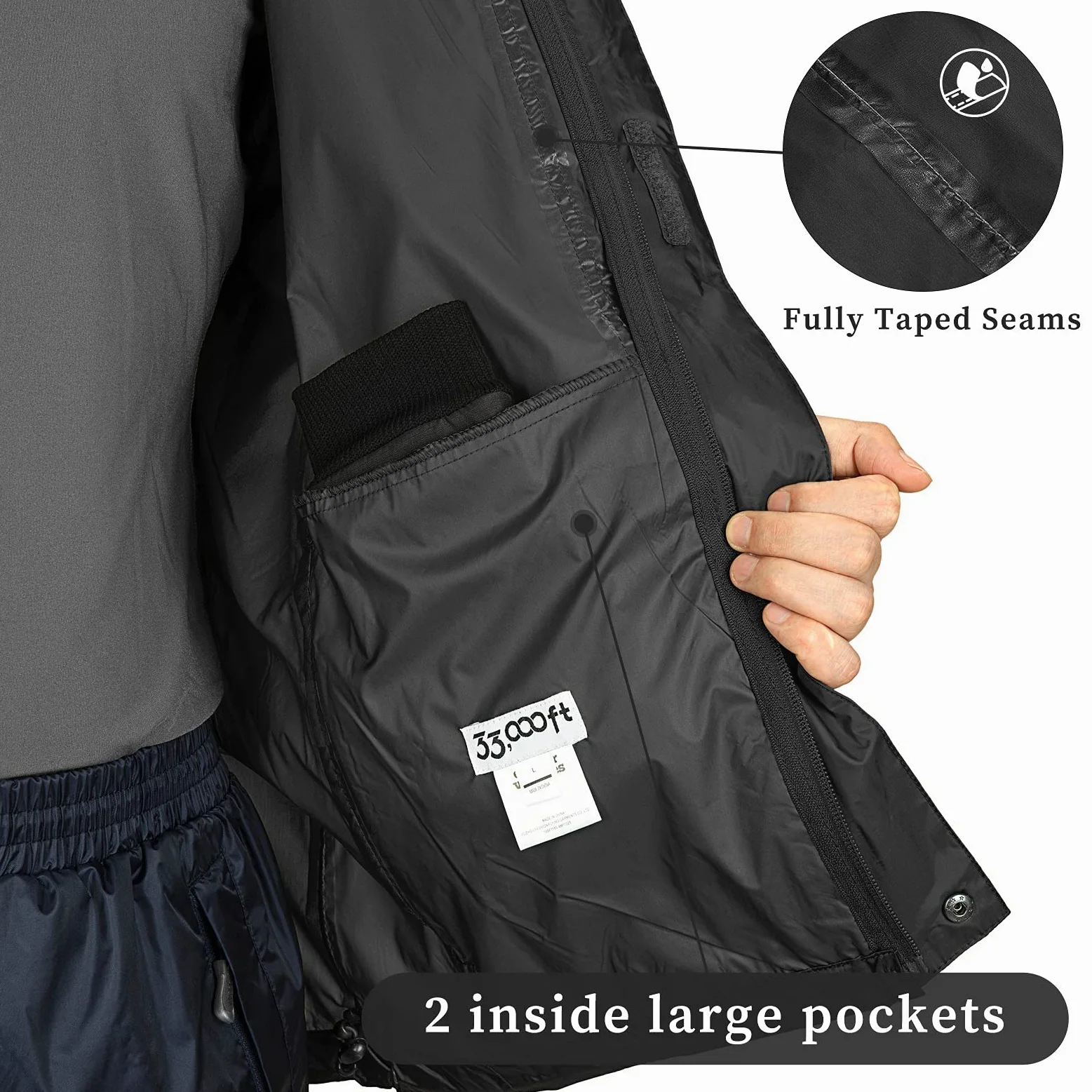 33,000ft Veste de pluie pliable avec capuche rangeable, légère et imperméable, coupe-vent, pour activité en plein air, pour homme