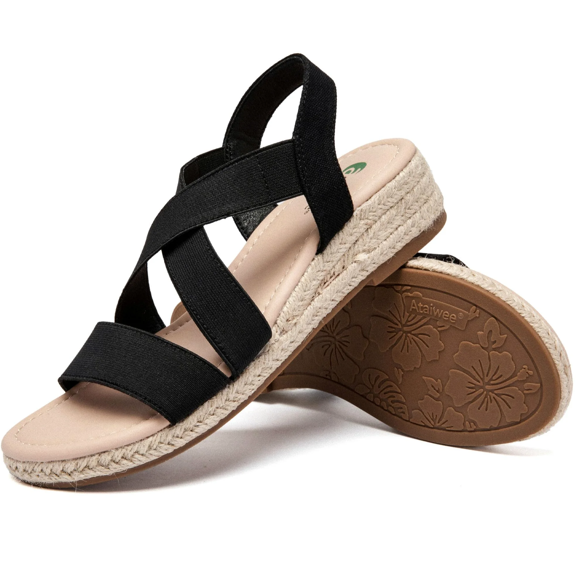 Ataiwee Sandales compensées à plateforme pour femmes,Sandales compensées espadrilles d'été décontractées avec bride de cheville élastique et bout ouvert