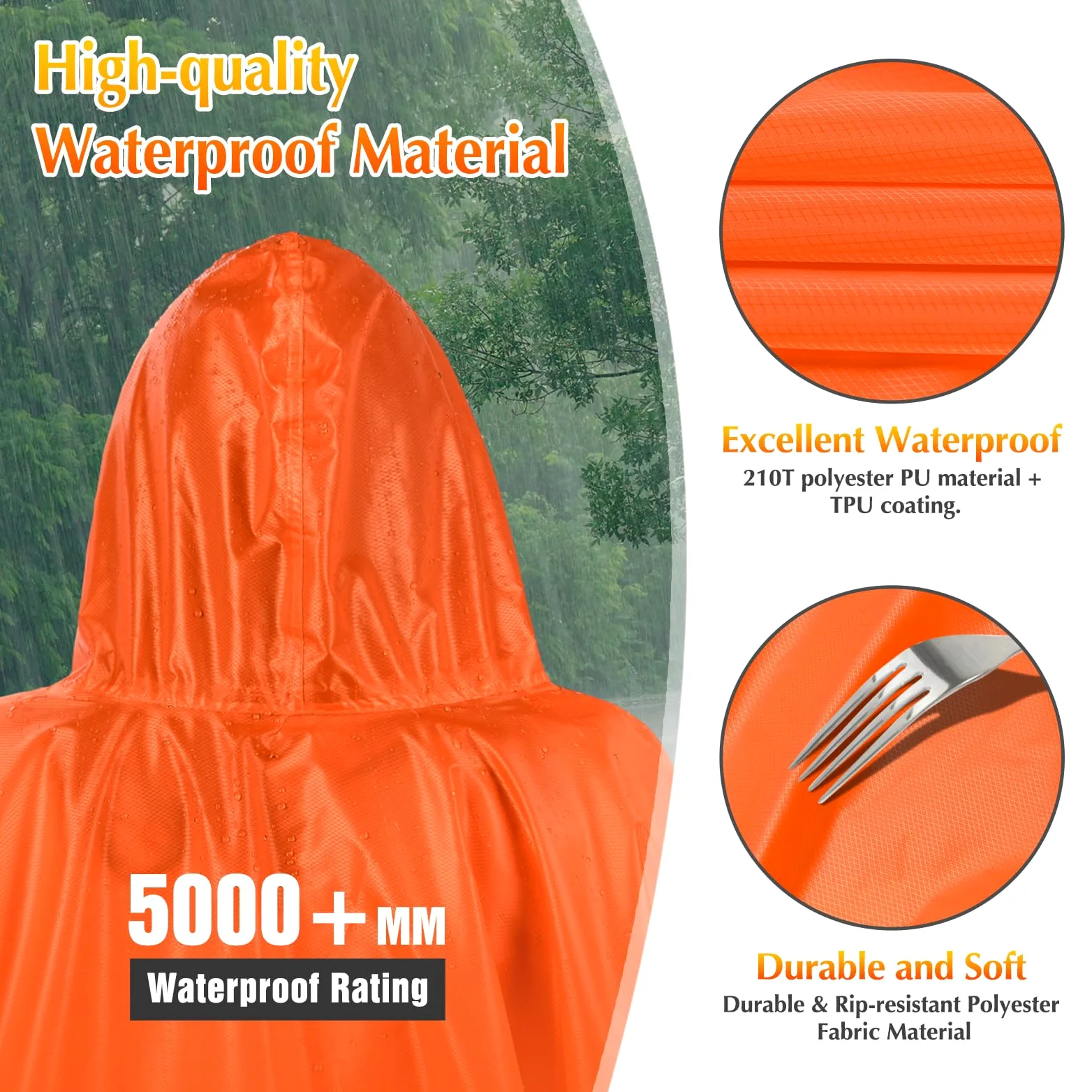 Veste de pluie imperméable pour femme, unisexe, légère, imperméable multi-usage pour l'extérieur, le camping, la randonnée et la pêche, orange, Taille Unique