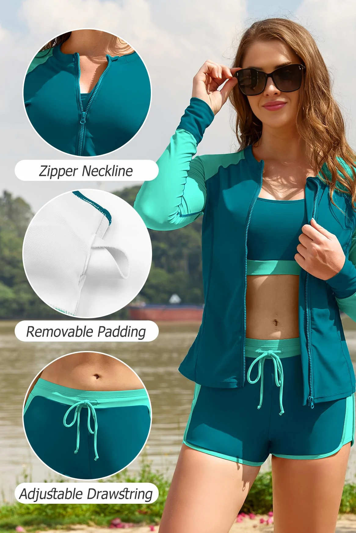 SHEKINI Rash Guard Set 3 Pièces Femme Haut de Maillot de Bain Rashguard Manches Longues Zippé+Brassiere+Shorts de Sport pour Surf Séchage Rapide