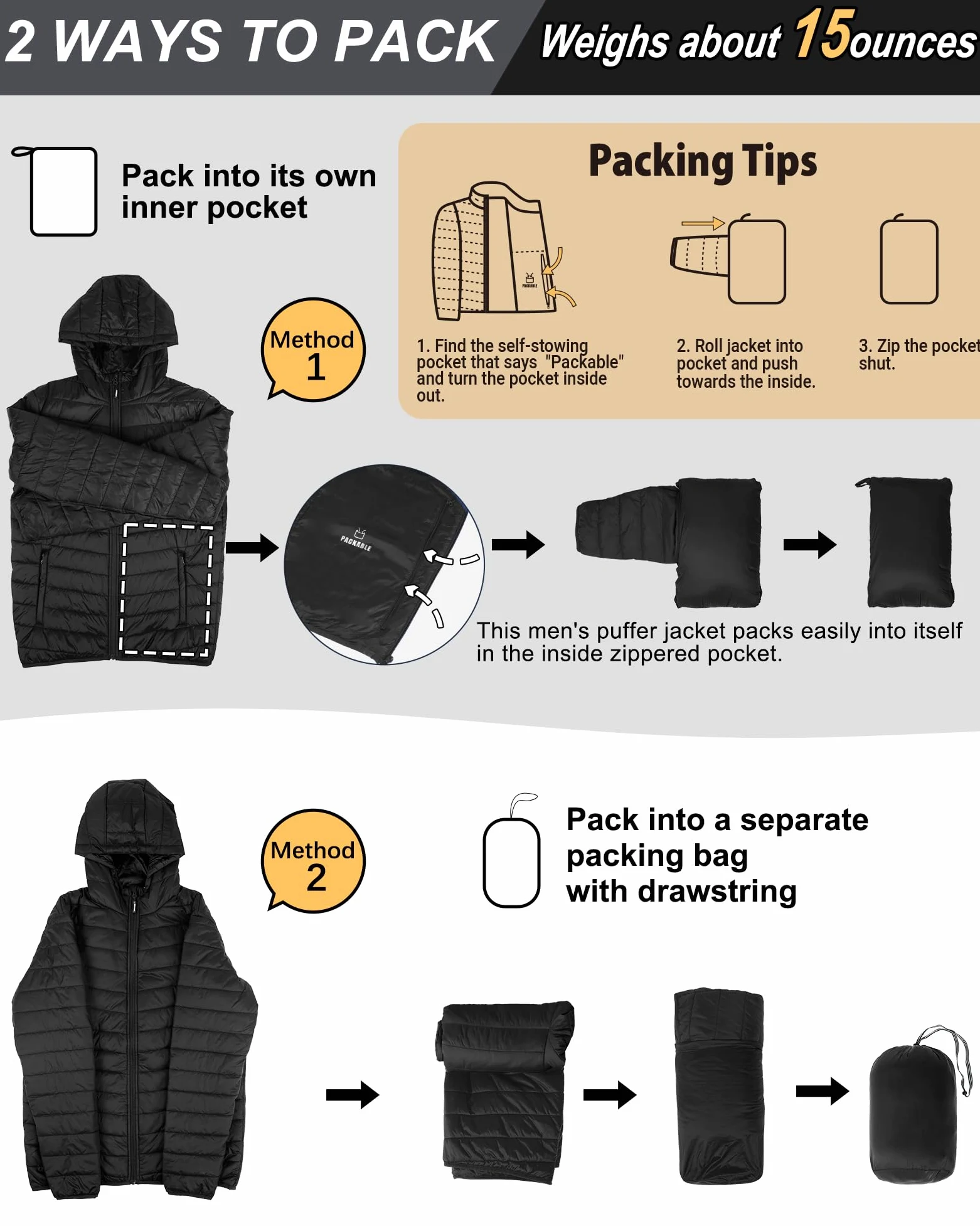 Outdoor Ventures Veste matelassée imperméable pour homme - Veste à capuche légère et imperméable - Avec poches
