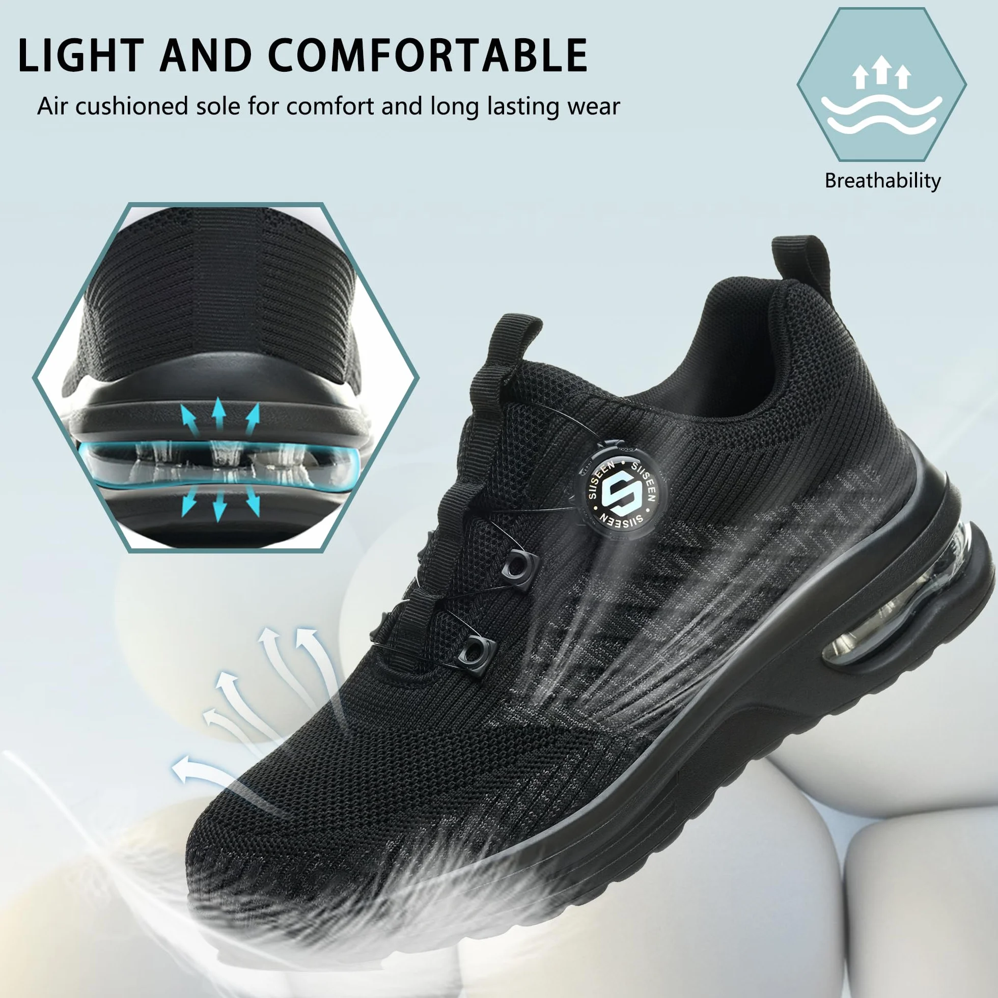 Chaussures de Sécurité Hommes Femme Légère Baskets de Sécurité Respirantes Antidérapante Chaussures de Travail avec Embout en Acier Lacet à Bouton Pivotant