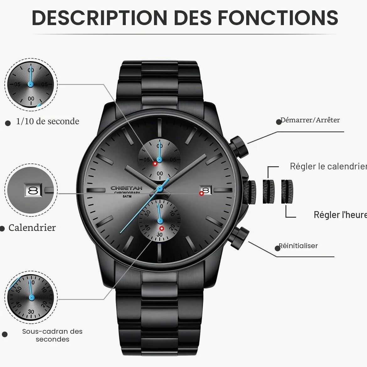 Montres pour Hommes avec Montre à Quartz chronographe étanche décontractée en Acier Inoxydable et en métal, Date Automatique dans des Mains colorée