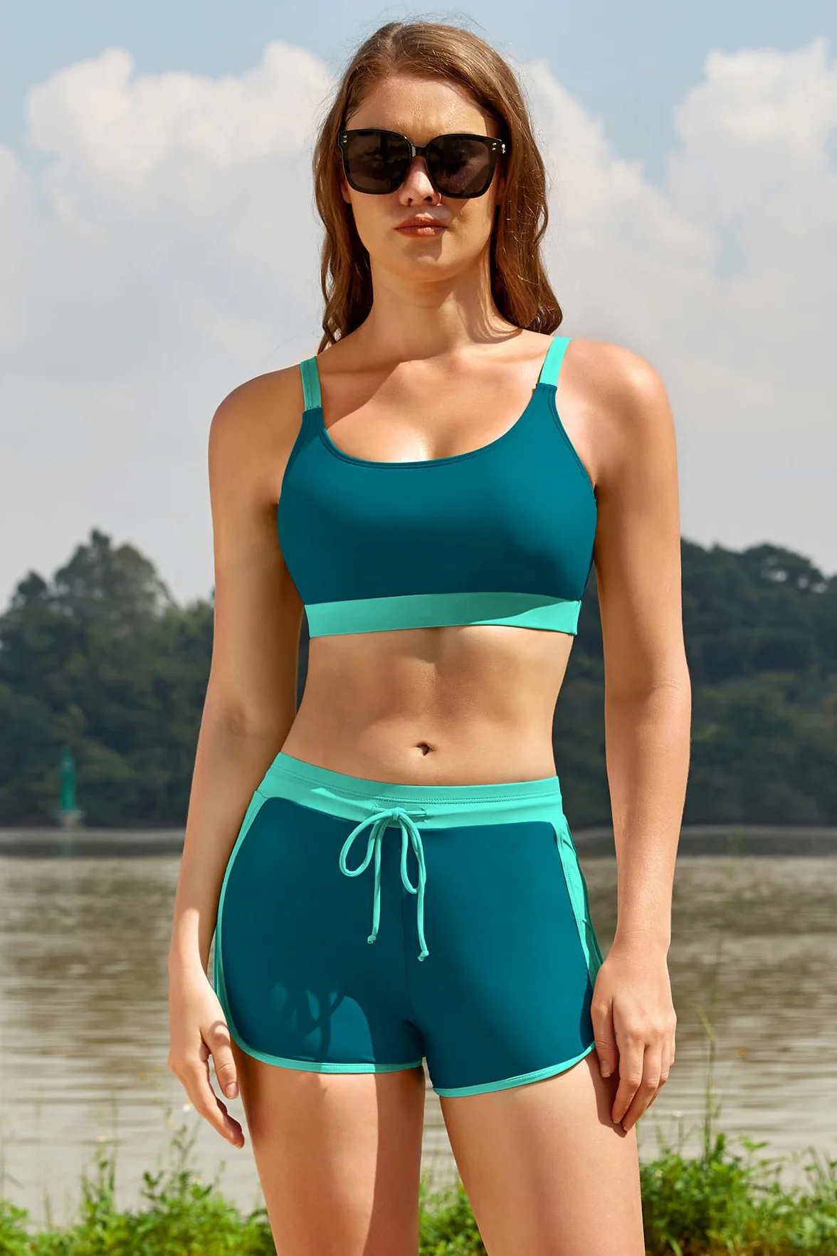 SHEKINI Rash Guard Set 3 Pièces Femme Haut de Maillot de Bain Rashguard Manches Longues Zippé+Brassiere+Shorts de Sport pour Surf Séchage Rapide
